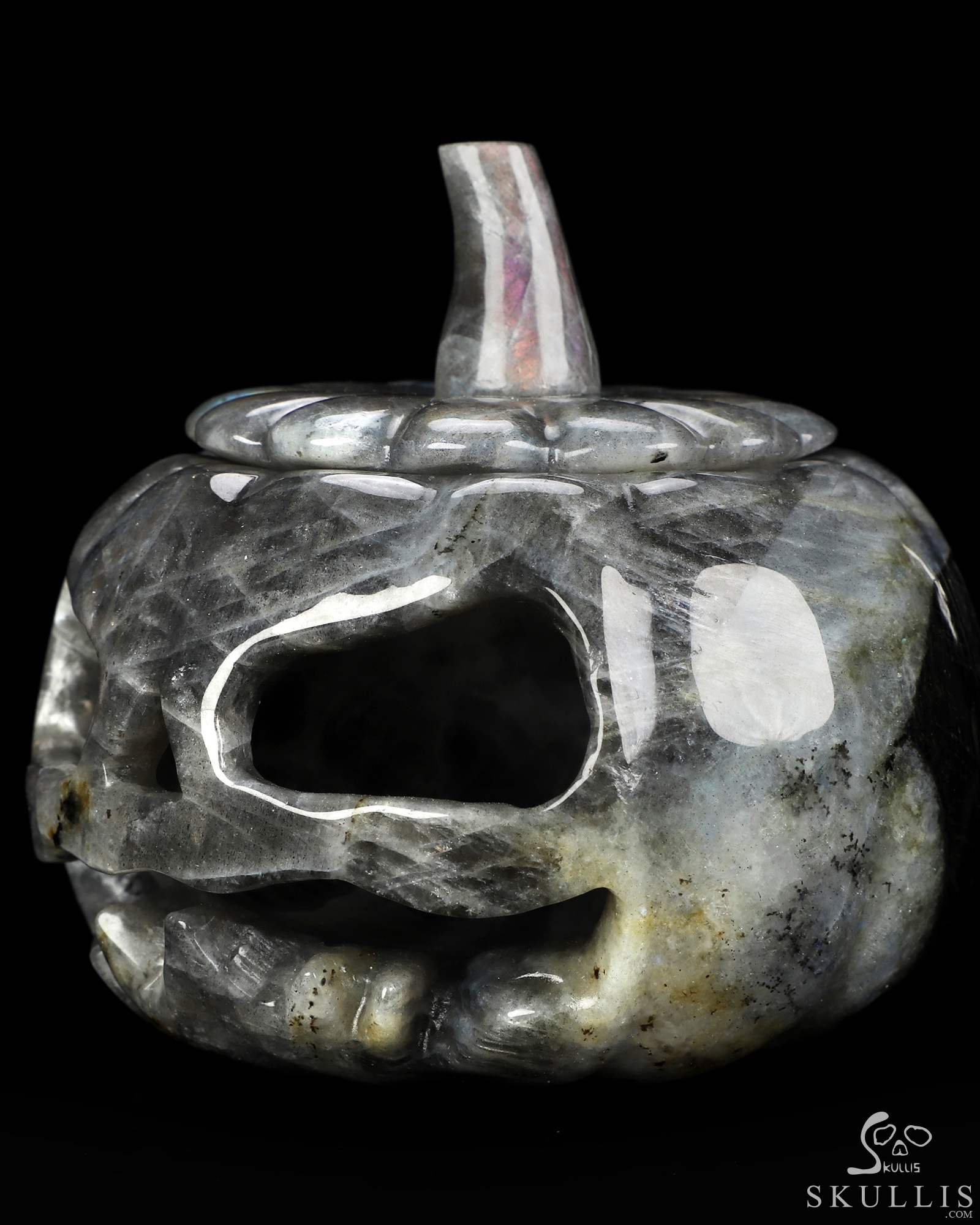 4.1" Labradorite Hand Carved Hollow Jack-O'-Lantern Pumpkin Crystal Skull Sculpture, Crystal Healing 4.1" Labradorite Hand Carved Hollow Jack-O'-Lantern Pumpkin Crystal Skull Sculpture, Crystal Healing