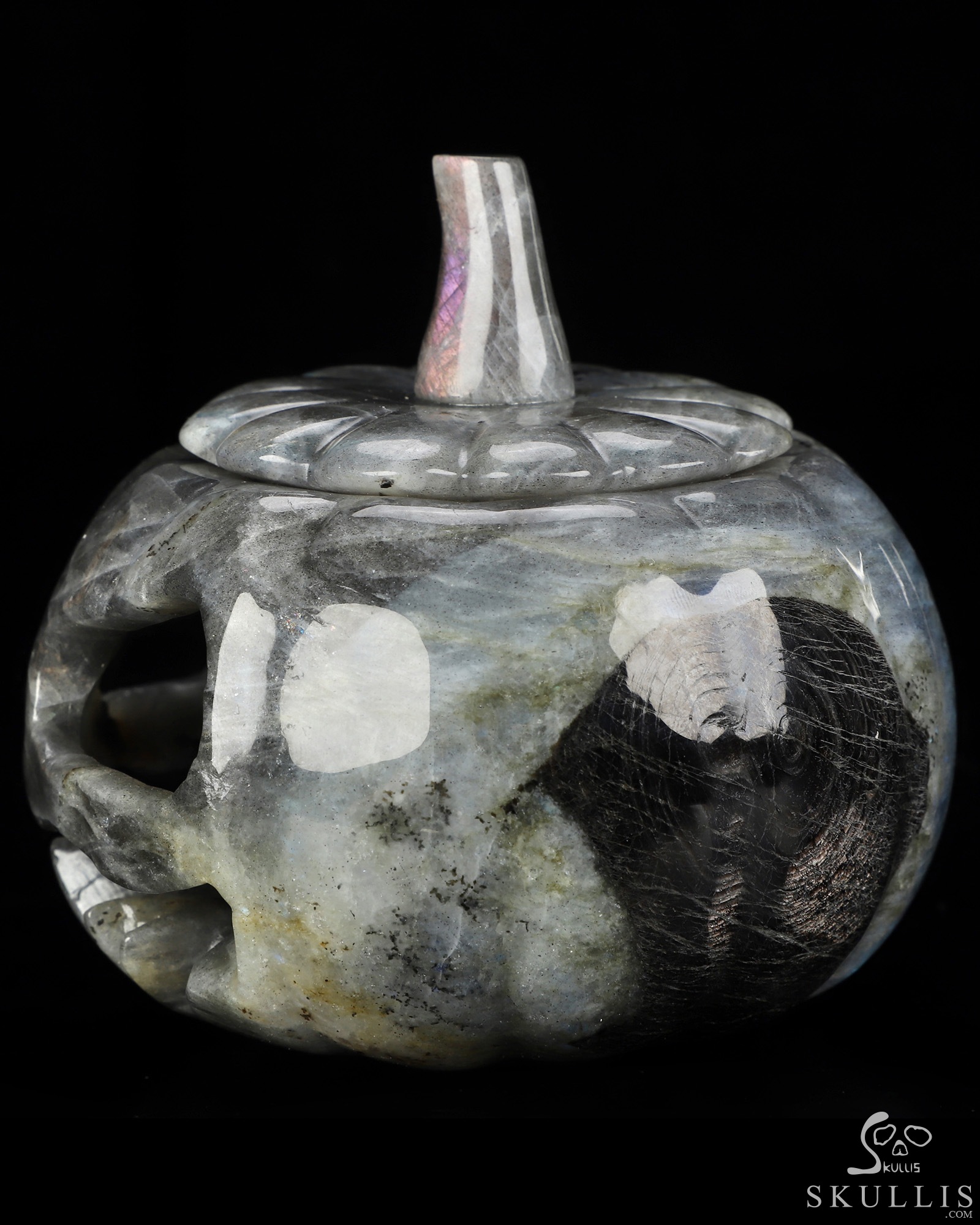 4.1" Labradorite Hand Carved Hollow Jack-O'-Lantern Pumpkin Crystal Skull Sculpture, Crystal Healing 4.1" Labradorite Hand Carved Hollow Jack-O'-Lantern Pumpkin Crystal Skull Sculpture, Crystal Healing