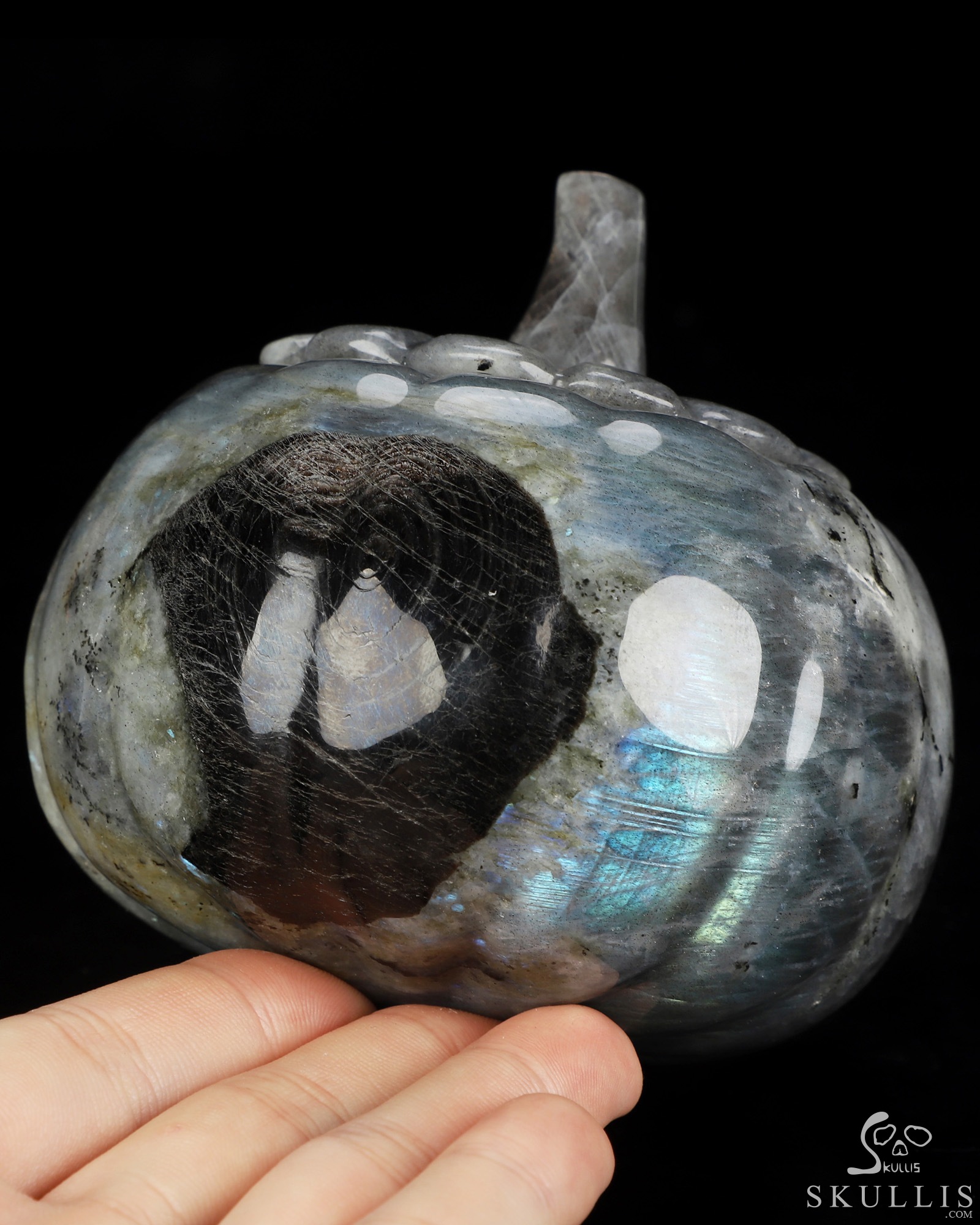 4.1" Labradorite Hand Carved Hollow Jack-O'-Lantern Pumpkin Crystal Skull Sculpture, Crystal Healing 4.1" Labradorite Hand Carved Hollow Jack-O'-Lantern Pumpkin Crystal Skull Sculpture, Crystal Healing