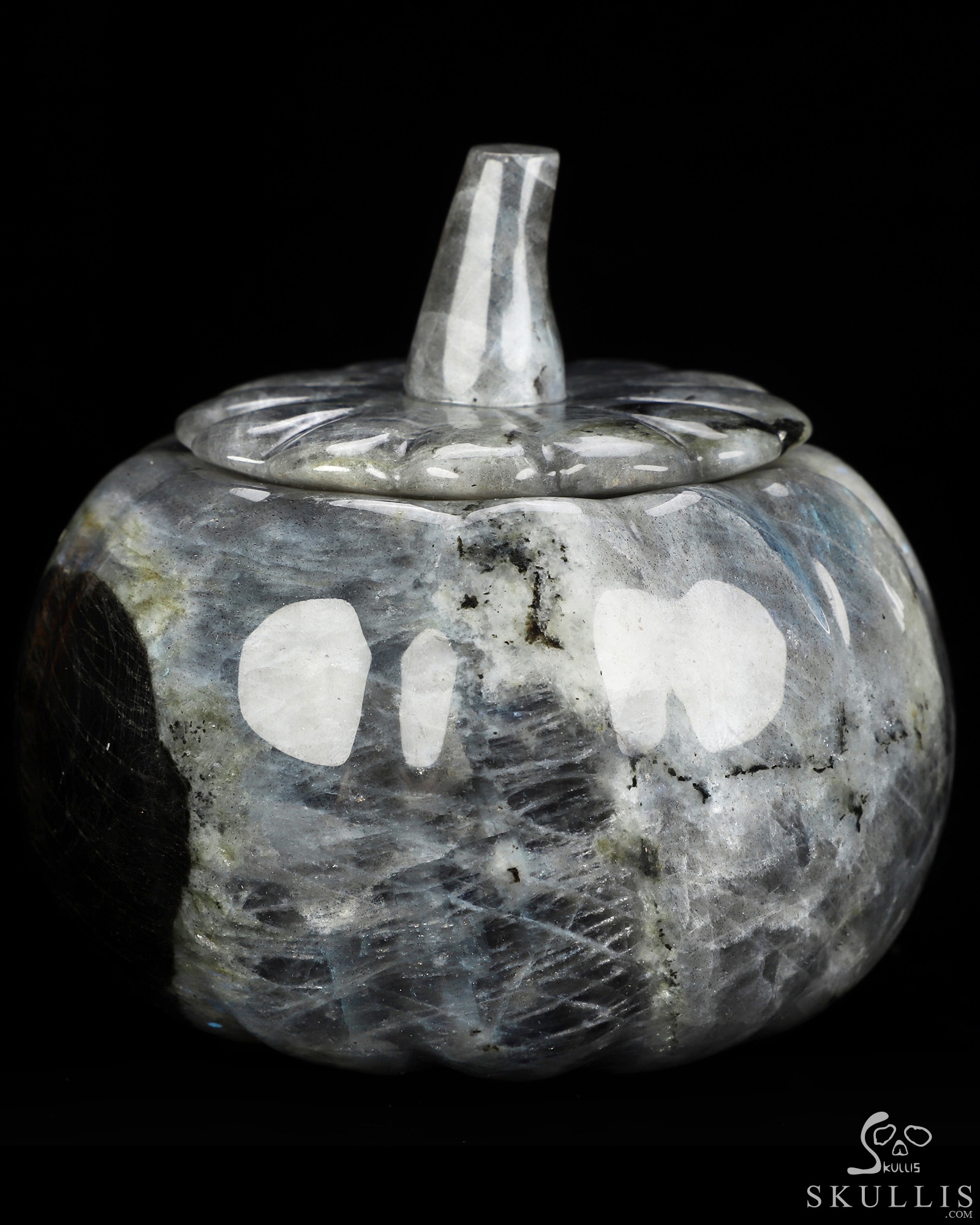 4.1" Labradorite Hand Carved Hollow Jack-O'-Lantern Pumpkin Crystal Skull Sculpture, Crystal Healing 4.1" Labradorite Hand Carved Hollow Jack-O'-Lantern Pumpkin Crystal Skull Sculpture, Crystal Healing