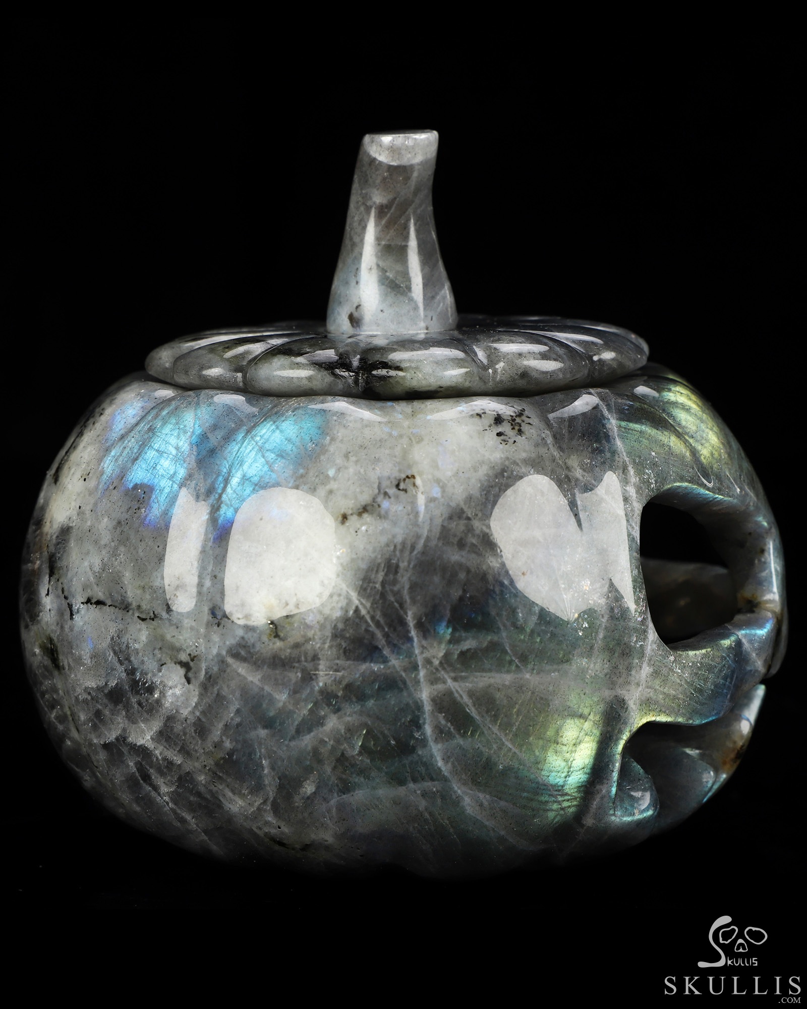4.1" Labradorite Hand Carved Hollow Jack-O'-Lantern Pumpkin Crystal Skull Sculpture, Crystal Healing 4.1" Labradorite Hand Carved Hollow Jack-O'-Lantern Pumpkin Crystal Skull Sculpture, Crystal Healing