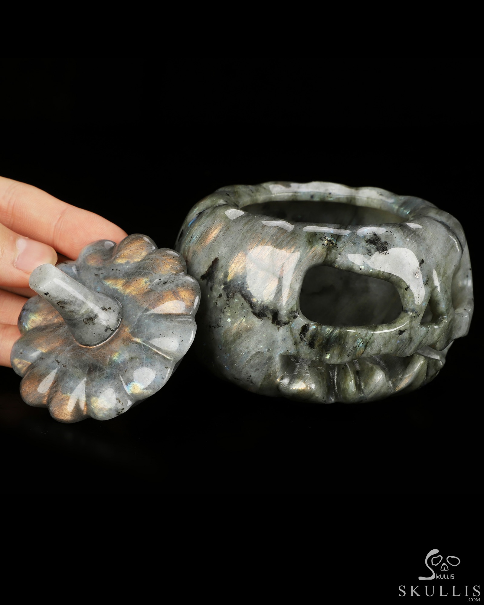 4.1" Labradorite Hand Carved Hollow Jack-O'-Lantern Pumpkin Crystal Skull Sculpture, Crystal Healing 4.1" Labradorite Hand Carved Hollow Jack-O'-Lantern Pumpkin Crystal Skull Sculpture, Crystal Healing