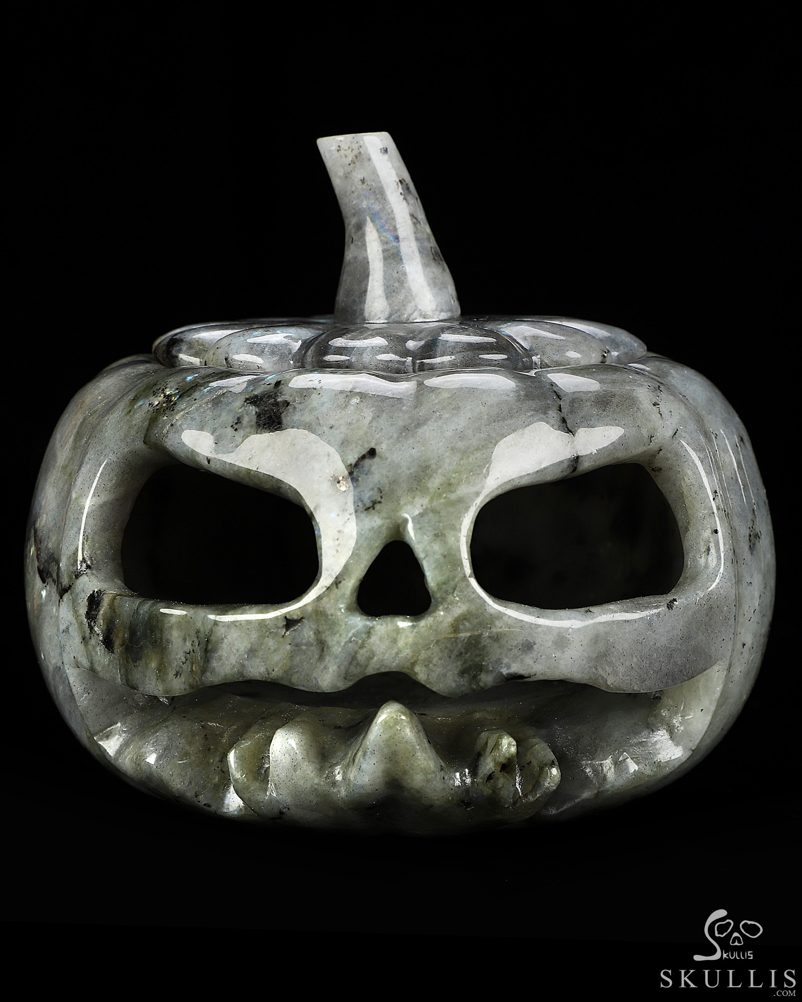 4.1" Labradorite Hand Carved Hollow Jack-O'-Lantern Pumpkin Crystal Skull Sculpture, Crystal Healing 4.1" Labradorite Hand Carved Hollow Jack-O'-Lantern Pumpkin Crystal Skull Sculpture, Crystal Healing