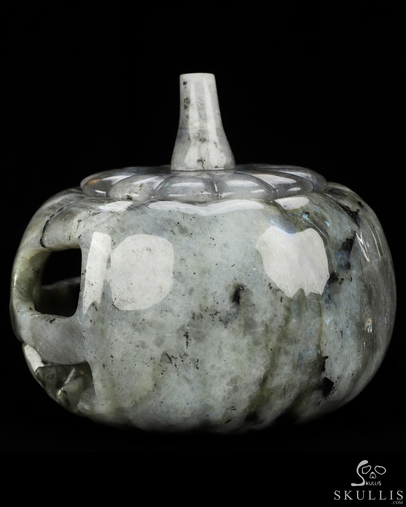4.1" Labradorite Hand Carved Hollow Jack-O'-Lantern Pumpkin Crystal Skull Sculpture, Crystal Healing 4.1" Labradorite Hand Carved Hollow Jack-O'-Lantern Pumpkin Crystal Skull Sculpture, Crystal Healing