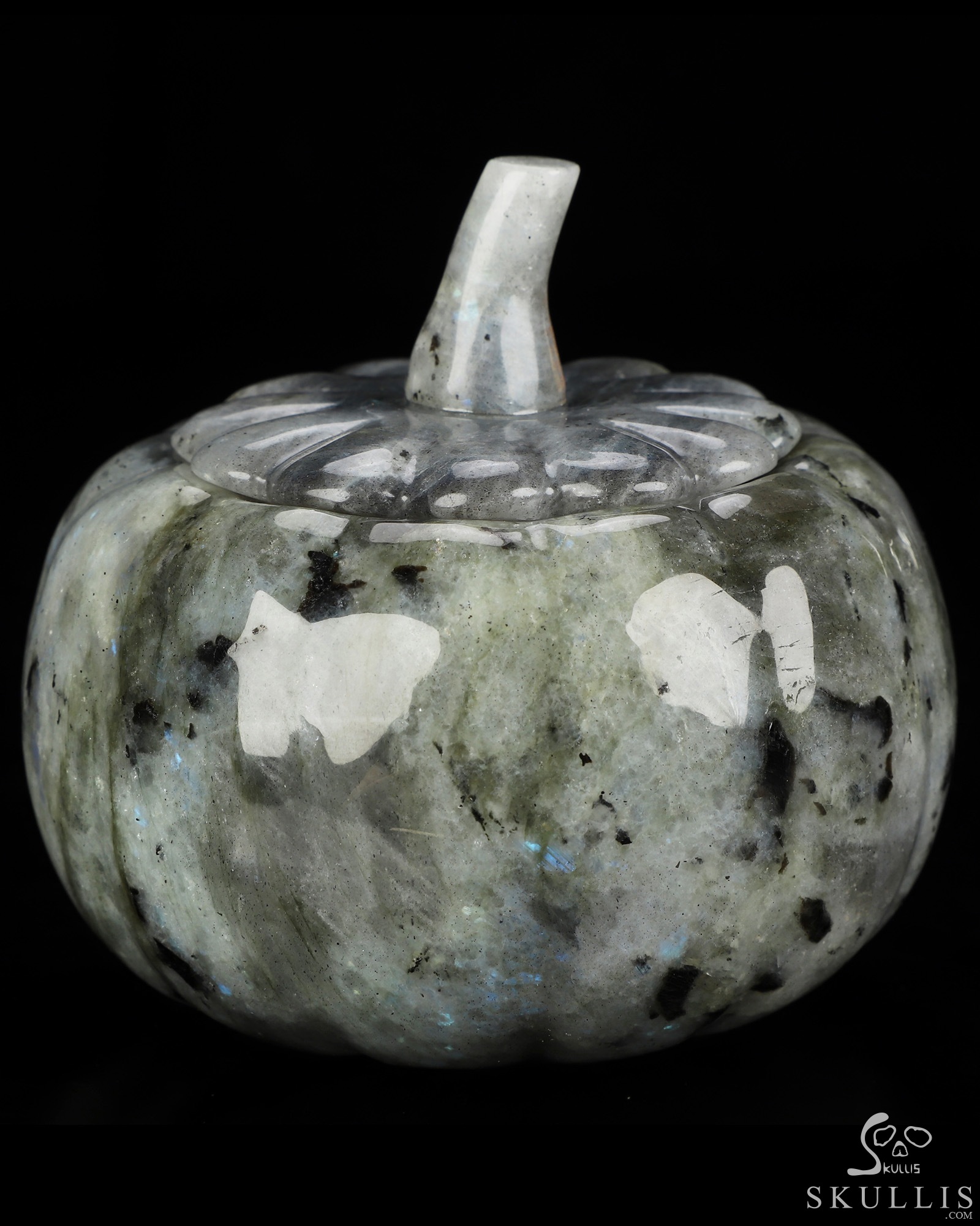4.1" Labradorite Hand Carved Hollow Jack-O'-Lantern Pumpkin Crystal Skull Sculpture, Crystal Healing 4.1" Labradorite Hand Carved Hollow Jack-O'-Lantern Pumpkin Crystal Skull Sculpture, Crystal Healing