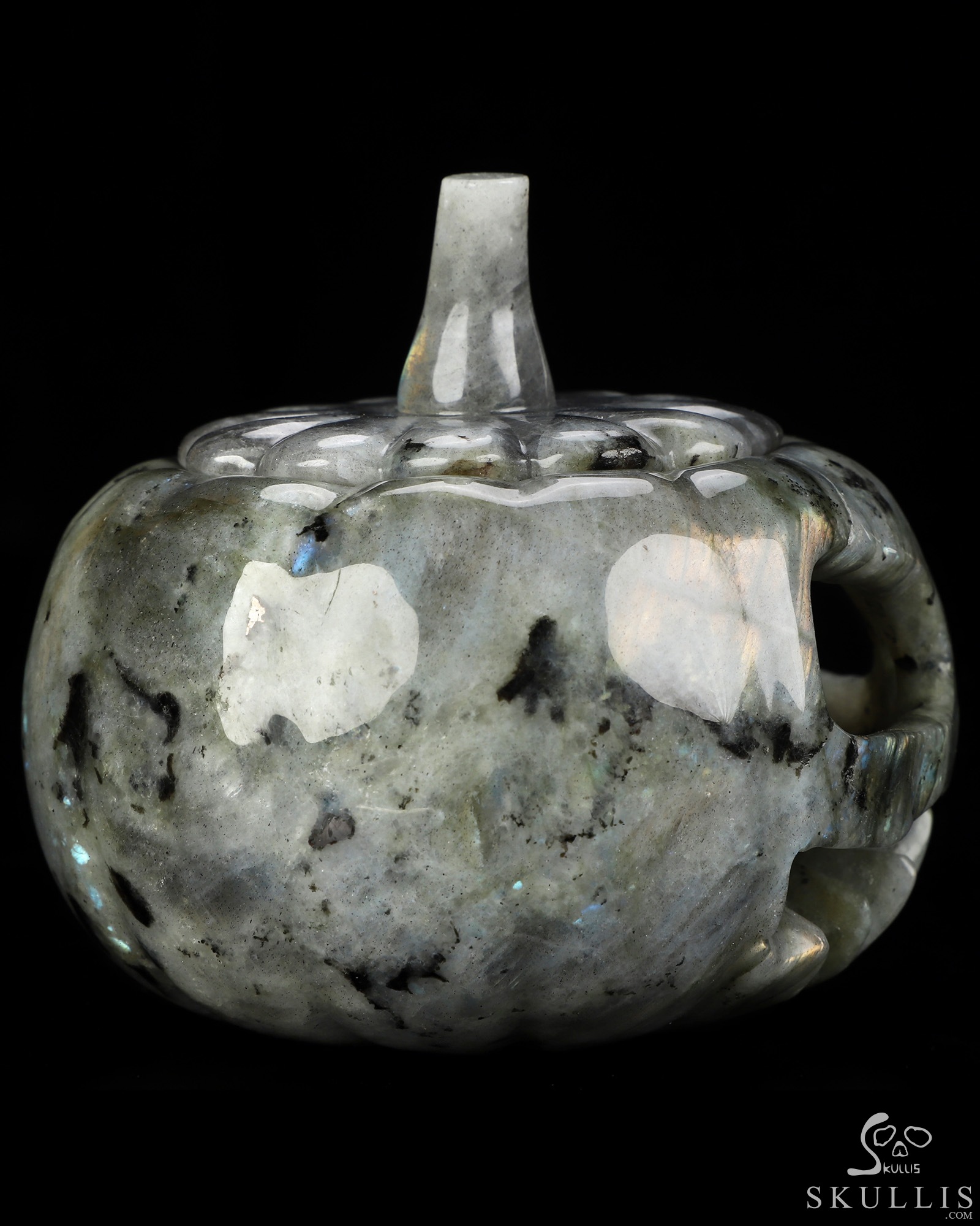 4.1" Labradorite Hand Carved Hollow Jack-O'-Lantern Pumpkin Crystal Skull Sculpture, Crystal Healing 4.1" Labradorite Hand Carved Hollow Jack-O'-Lantern Pumpkin Crystal Skull Sculpture, Crystal Healing