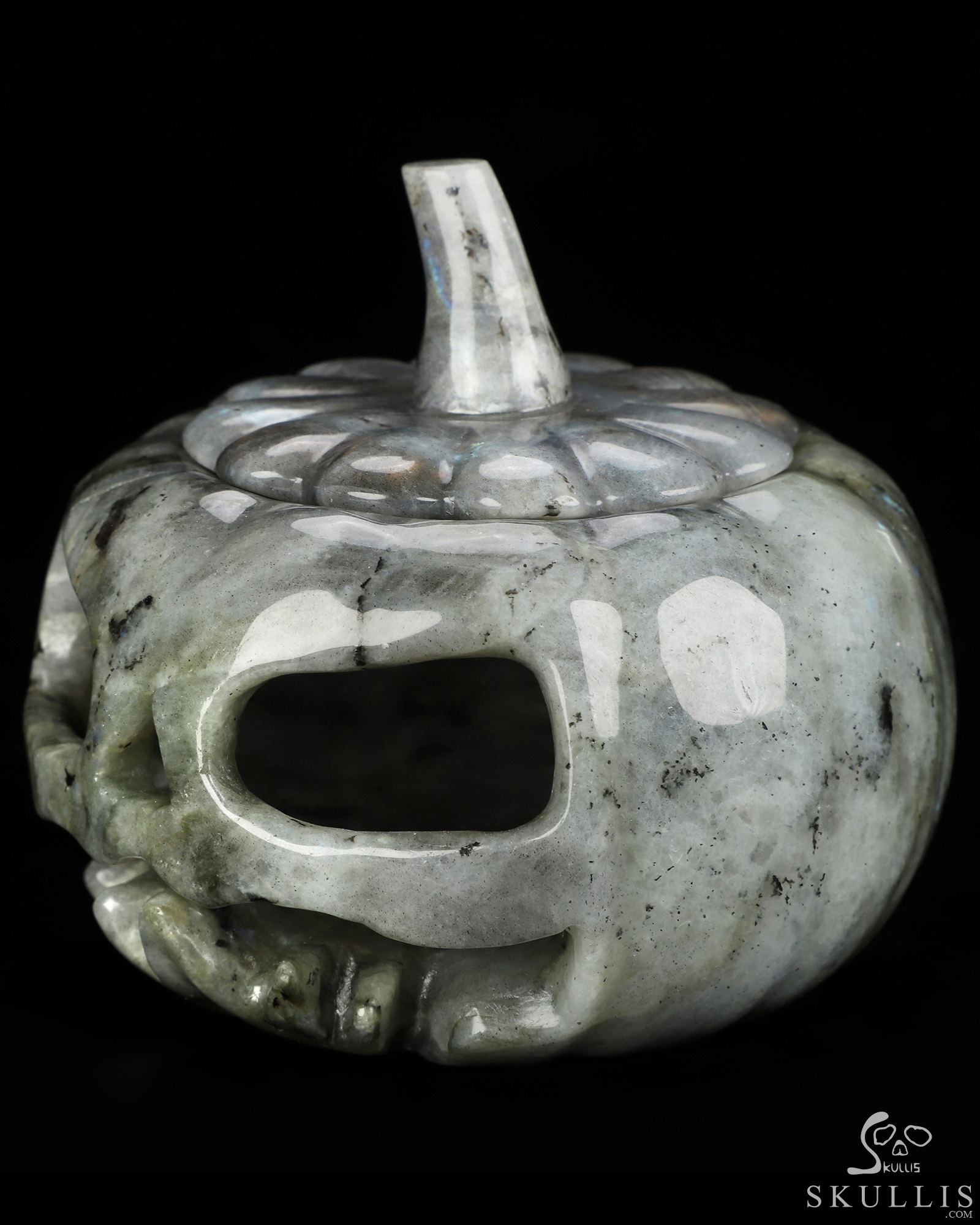 4.1" Labradorite Hand Carved Hollow Jack-O'-Lantern Pumpkin Crystal Skull Sculpture, Crystal Healing 4.1" Labradorite Hand Carved Hollow Jack-O'-Lantern Pumpkin Crystal Skull Sculpture, Crystal Healing