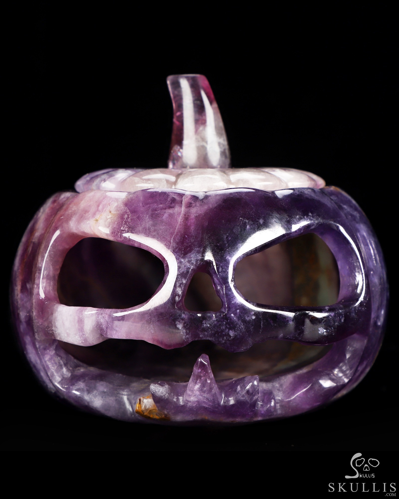 4.1" Fluorite Hand Carved Hollow Jack-O'-Lantern Pumpkin Crystal Skull Sculpture, Crystal Healing 4.1" Fluorite Hand Carved Hollow Jack-O'-Lantern Pumpkin Crystal Skull Sculpture, Crystal Healing