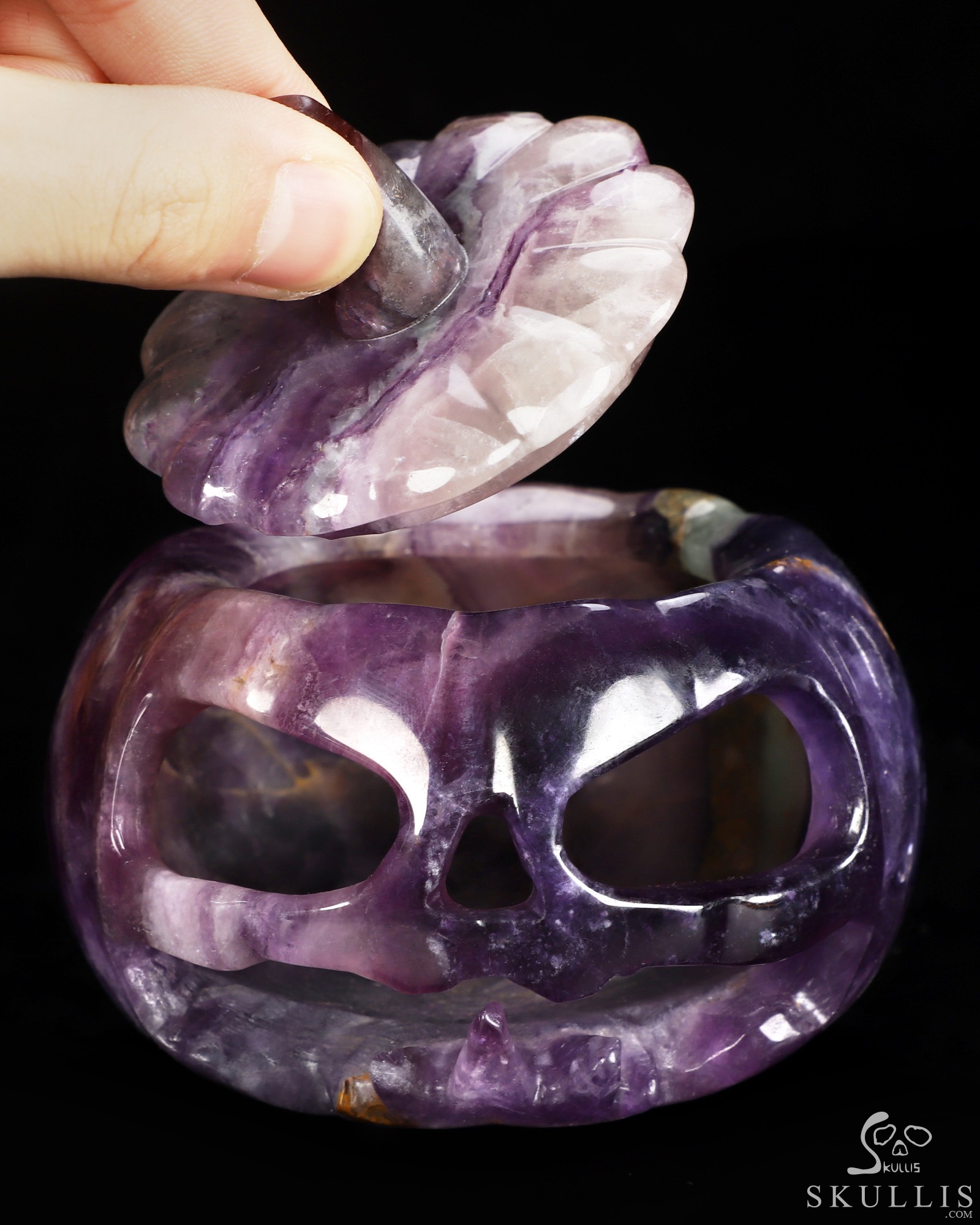 4.1" Fluorite Hand Carved Hollow Jack-O'-Lantern Pumpkin Crystal Skull Sculpture, Crystal Healing 4.1" Fluorite Hand Carved Hollow Jack-O'-Lantern Pumpkin Crystal Skull Sculpture, Crystal Healing