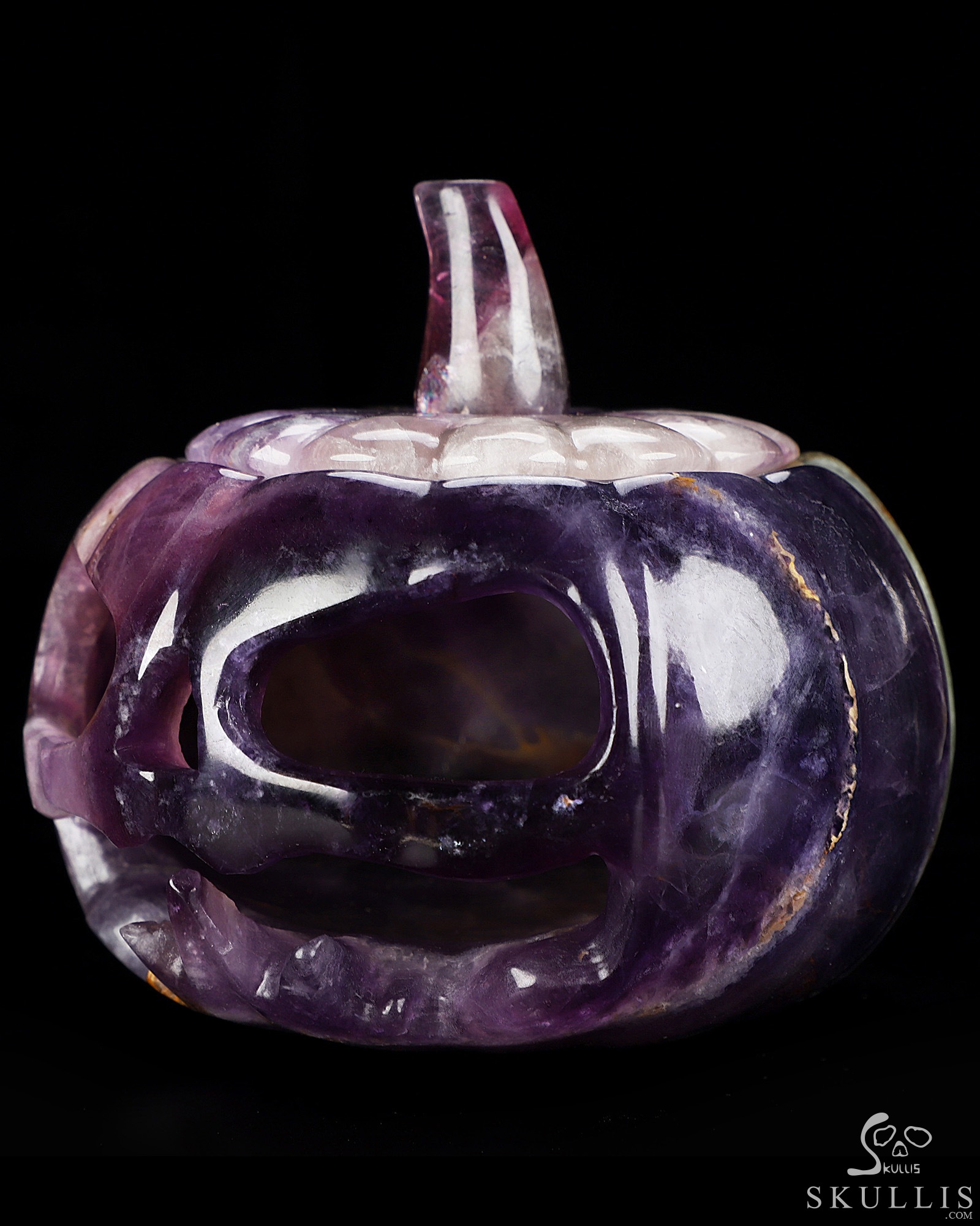 4.1" Fluorite Hand Carved Hollow Jack-O'-Lantern Pumpkin Crystal Skull Sculpture, Crystal Healing 4.1" Fluorite Hand Carved Hollow Jack-O'-Lantern Pumpkin Crystal Skull Sculpture, Crystal Healing