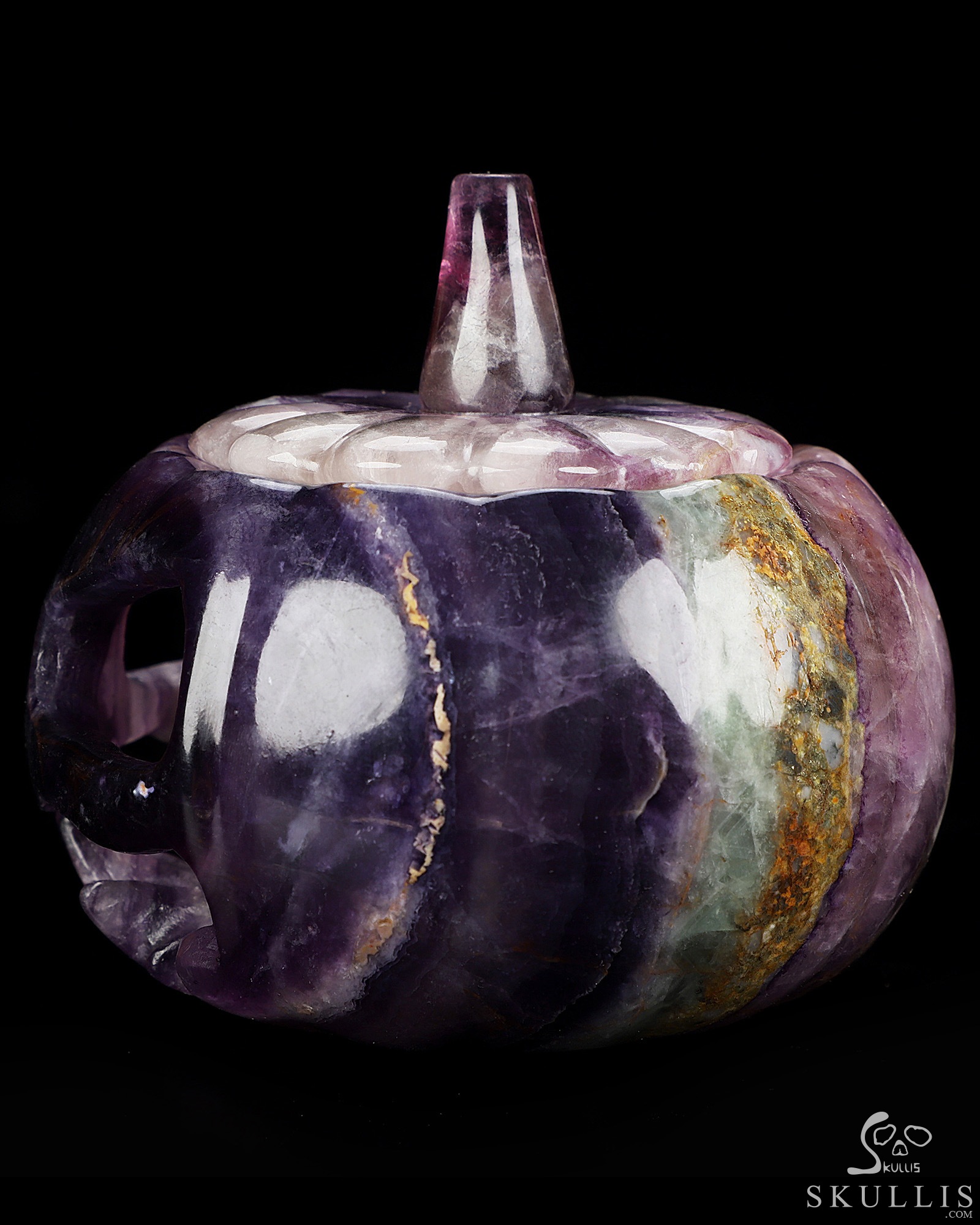 4.1" Fluorite Hand Carved Hollow Jack-O'-Lantern Pumpkin Crystal Skull Sculpture, Crystal Healing 4.1" Fluorite Hand Carved Hollow Jack-O'-Lantern Pumpkin Crystal Skull Sculpture, Crystal Healing