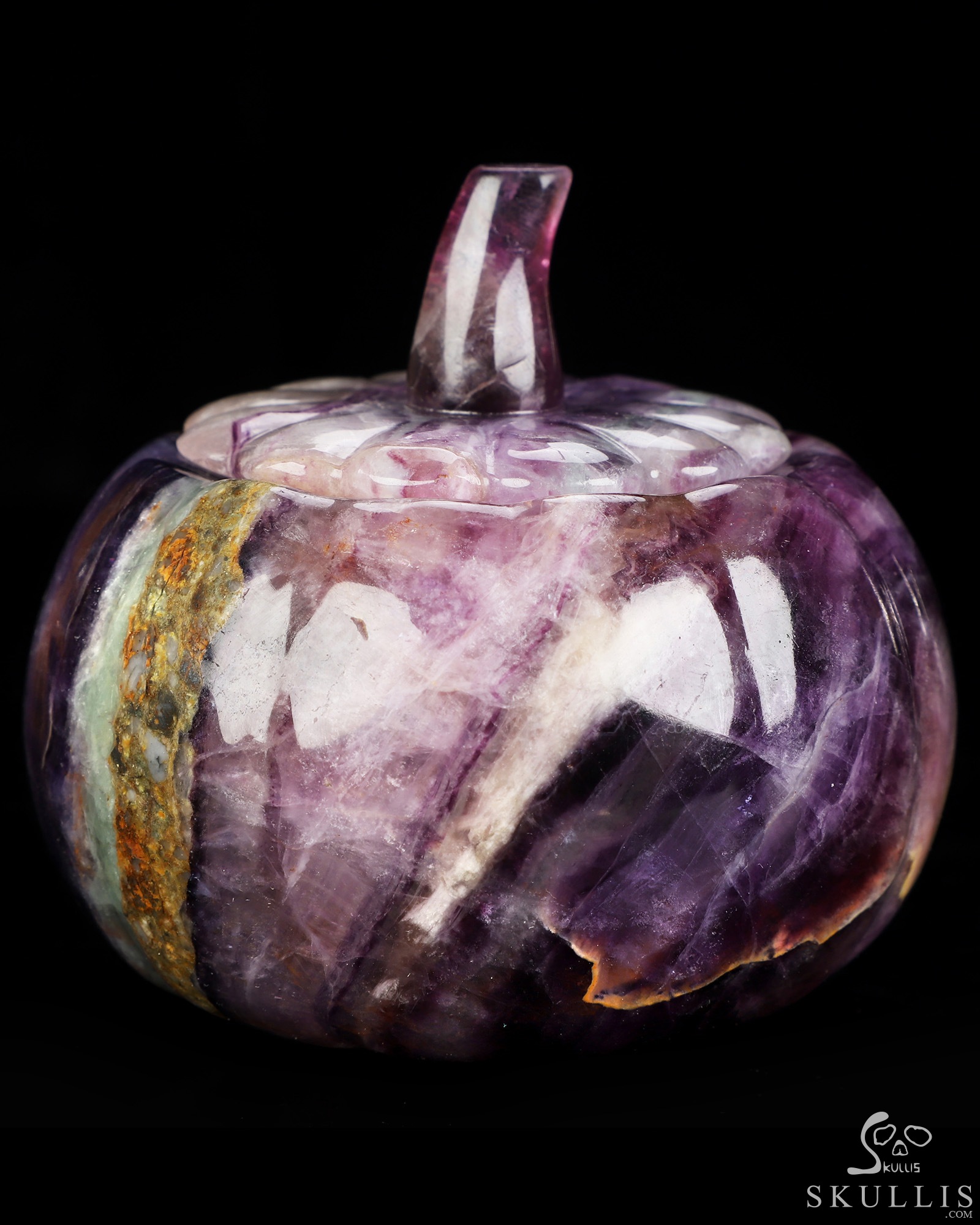 4.1" Fluorite Hand Carved Hollow Jack-O'-Lantern Pumpkin Crystal Skull Sculpture, Crystal Healing 4.1" Fluorite Hand Carved Hollow Jack-O'-Lantern Pumpkin Crystal Skull Sculpture, Crystal Healing