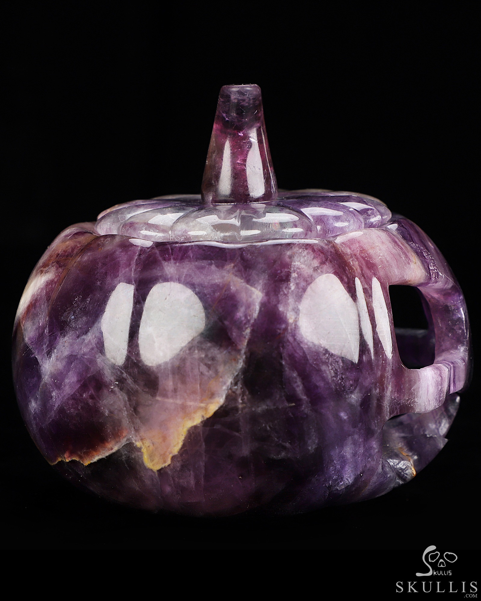 4.1" Fluorite Hand Carved Hollow Jack-O'-Lantern Pumpkin Crystal Skull Sculpture, Crystal Healing 4.1" Fluorite Hand Carved Hollow Jack-O'-Lantern Pumpkin Crystal Skull Sculpture, Crystal Healing