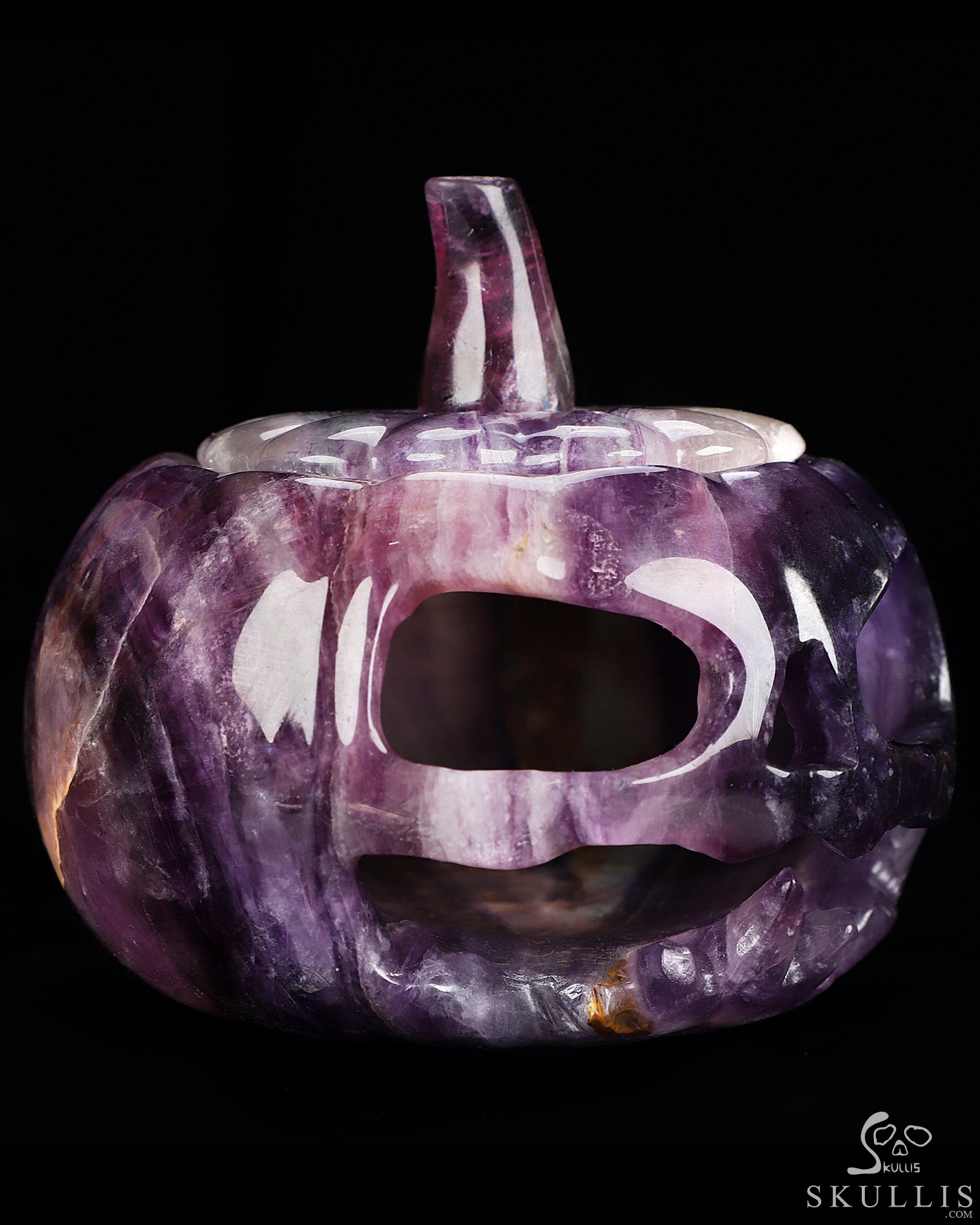 4.1" Fluorite Hand Carved Hollow Jack-O'-Lantern Pumpkin Crystal Skull Sculpture, Crystal Healing 4.1" Fluorite Hand Carved Hollow Jack-O'-Lantern Pumpkin Crystal Skull Sculpture, Crystal Healing