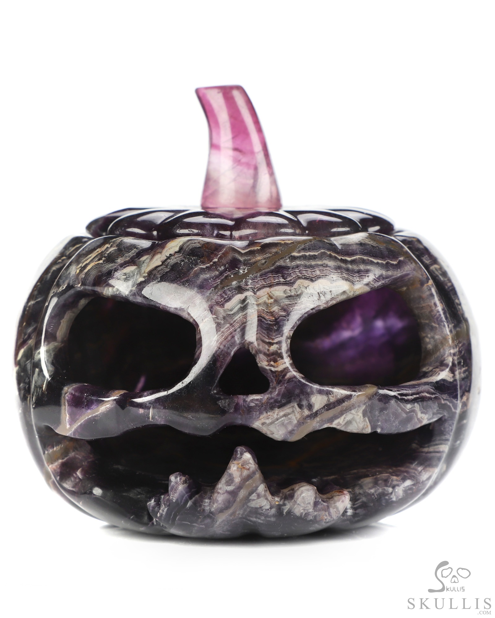 4.1" Fluorite Hand Carved Hollow Jack-O'-Lantern Pumpkin Crystal Skull Sculpture, Crystal Healing 4.1" Fluorite Hand Carved Hollow Jack-O'-Lantern Pumpkin Crystal Skull Sculpture, Crystal Healing