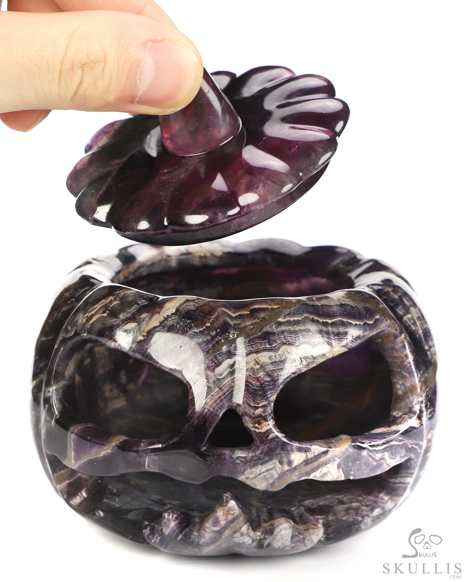4.1" Fluorite Hand Carved Hollow Jack-O'-Lantern Pumpkin Crystal Skull Sculpture, Crystal Healing 4.1" Fluorite Hand Carved Hollow Jack-O'-Lantern Pumpkin Crystal Skull Sculpture, Crystal Healing