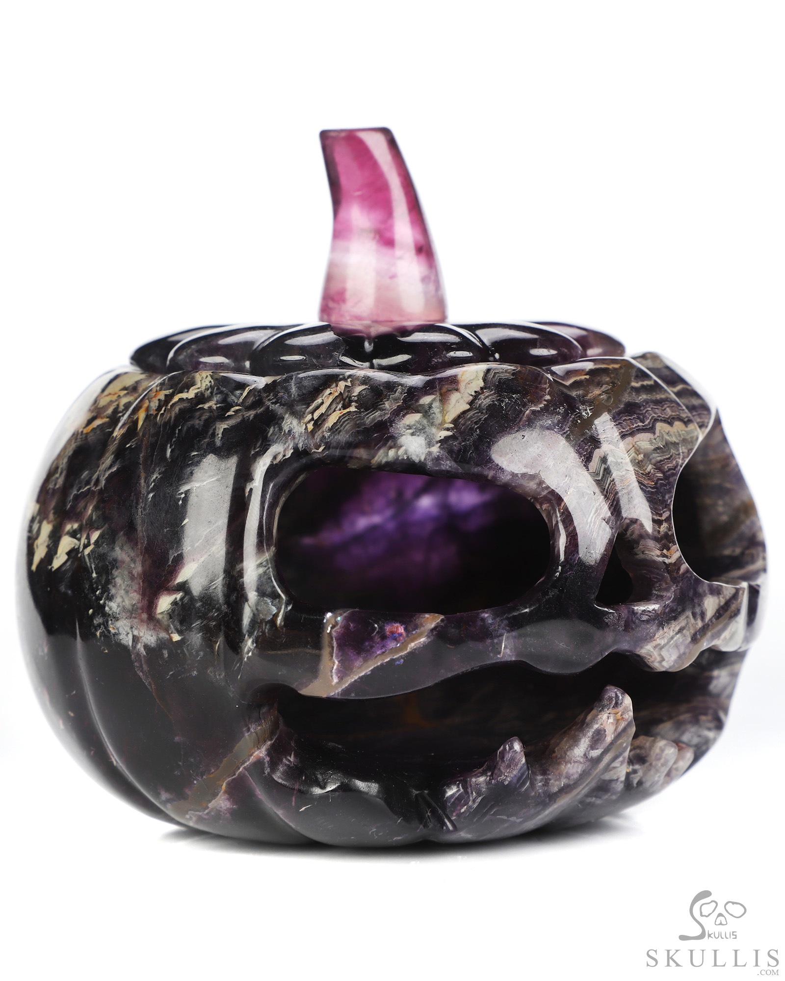 4.1" Fluorite Hand Carved Hollow Jack-O'-Lantern Pumpkin Crystal Skull Sculpture, Crystal Healing 4.1" Fluorite Hand Carved Hollow Jack-O'-Lantern Pumpkin Crystal Skull Sculpture, Crystal Healing