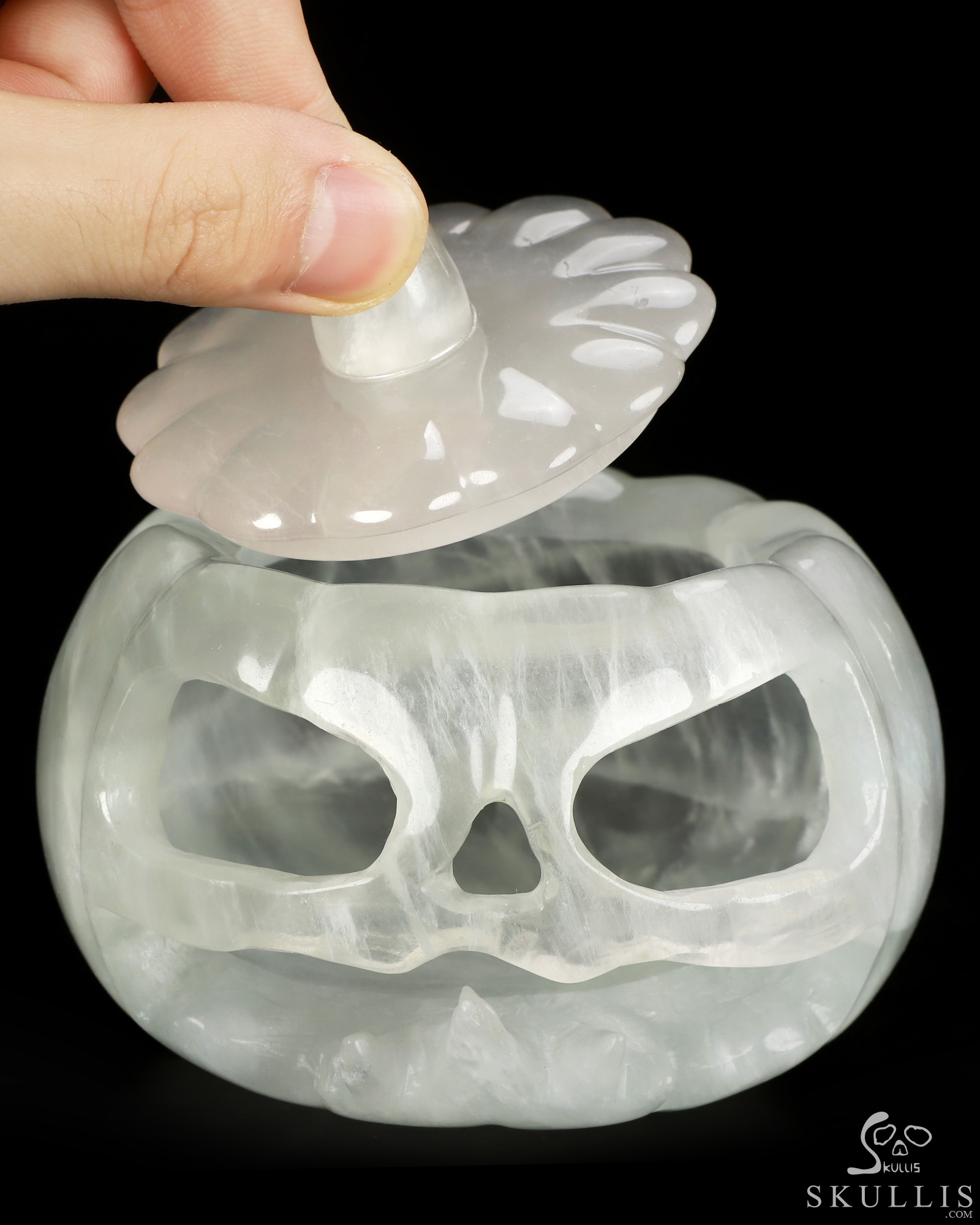 4.1" Fluorite Hand Carved Hollow Jack-O'-Lantern Pumpkin Crystal Skull Sculpture, Crystal Healing 4.1" Fluorite Hand Carved Hollow Jack-O'-Lantern Pumpkin Crystal Skull Sculpture, Crystal Healing