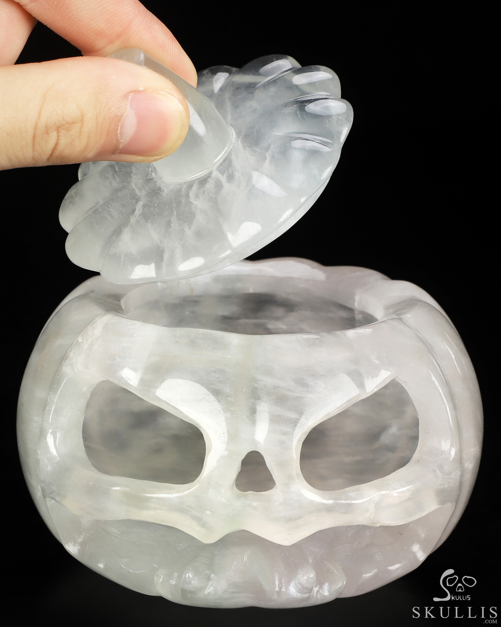 4.1" Fluorite Hand Carved Hollow Jack-O'-Lantern Pumpkin Crystal Skull Sculpture, Crystal Healing 4.1" Fluorite Hand Carved Hollow Jack-O'-Lantern Pumpkin Crystal Skull Sculpture, Crystal Healing
