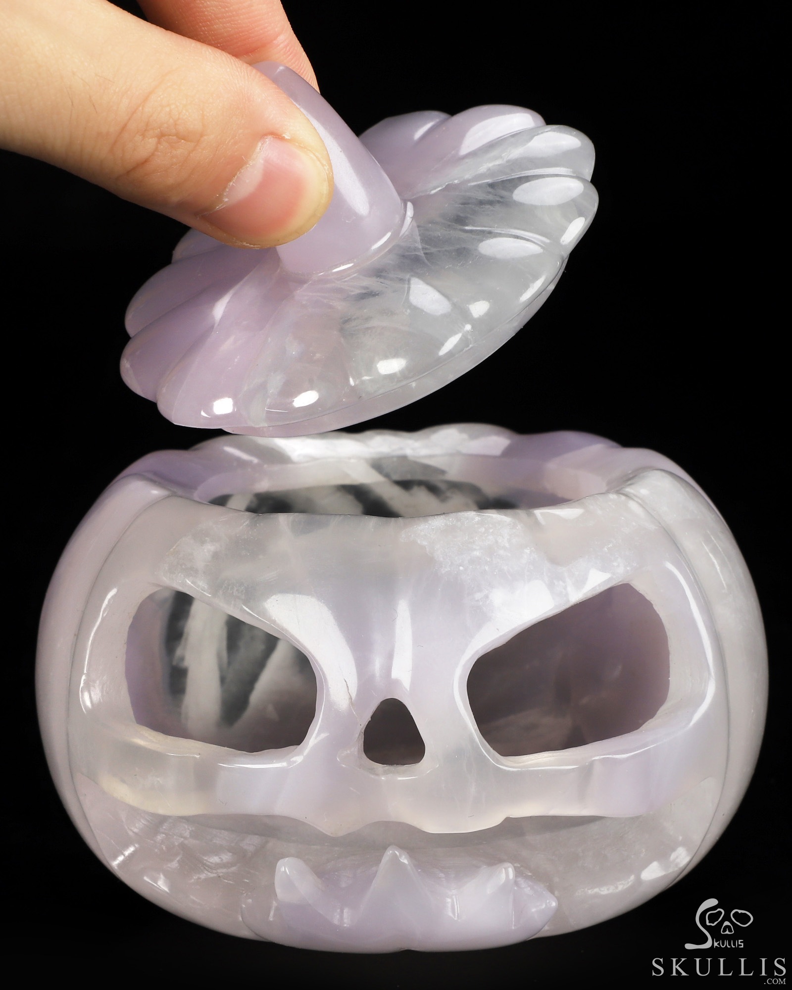 4.1" Fluorite Hand Carved Hollow Jack-O'-Lantern Pumpkin Crystal Skull Sculpture, Crystal Healing 4.1" Fluorite Hand Carved Hollow Jack-O'-Lantern Pumpkin Crystal Skull Sculpture, Crystal Healing