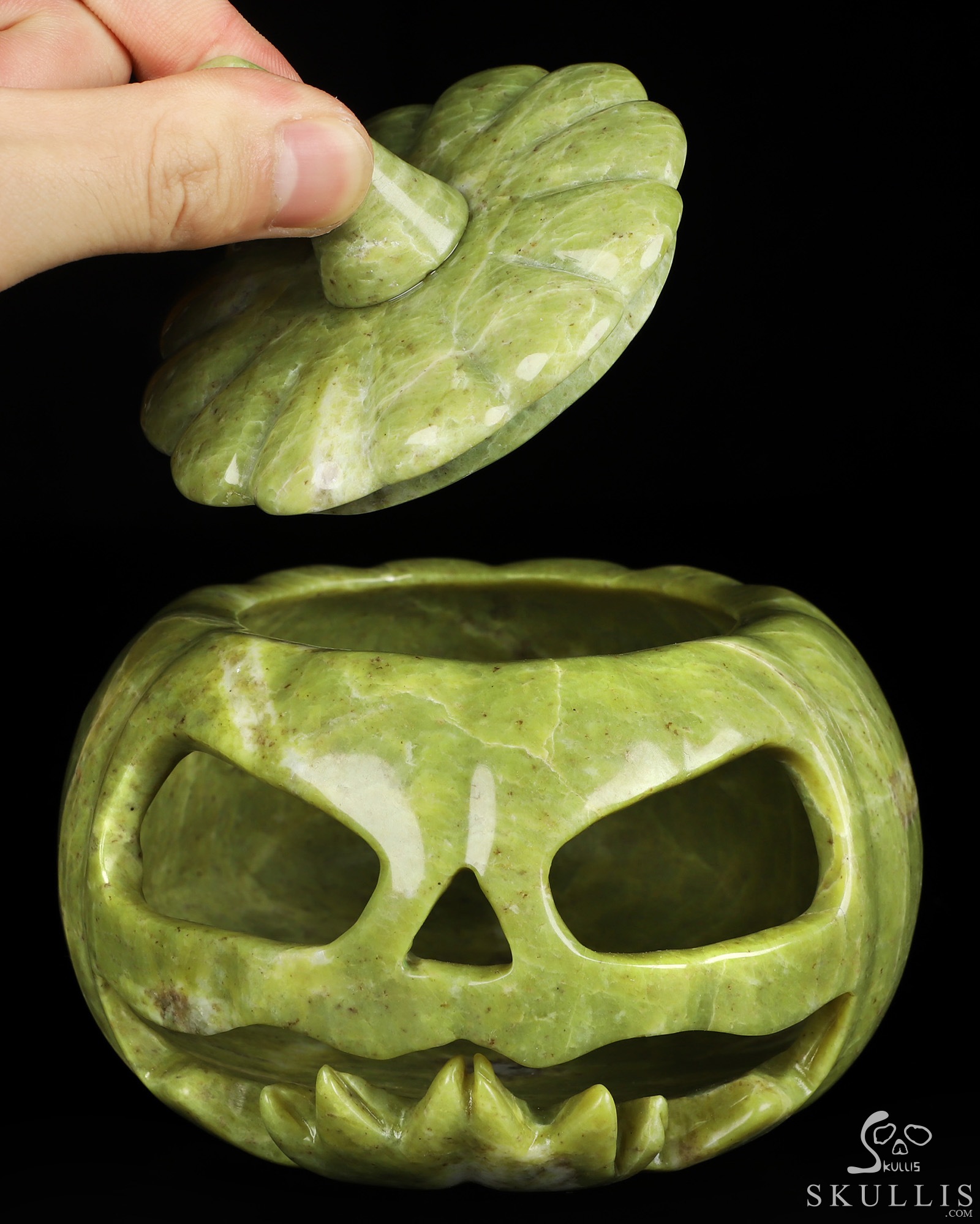 5.0" Lemon Stone Hand Carved Hollow Jack-O'-Lantern Pumpkin Crystal Skull Sculpture, Crystal Healing 5.0" Lemon Stone Hand Carved Hollow Jack-O'-Lantern Pumpkin Crystal Skull Sculpture, Crystal Healing
