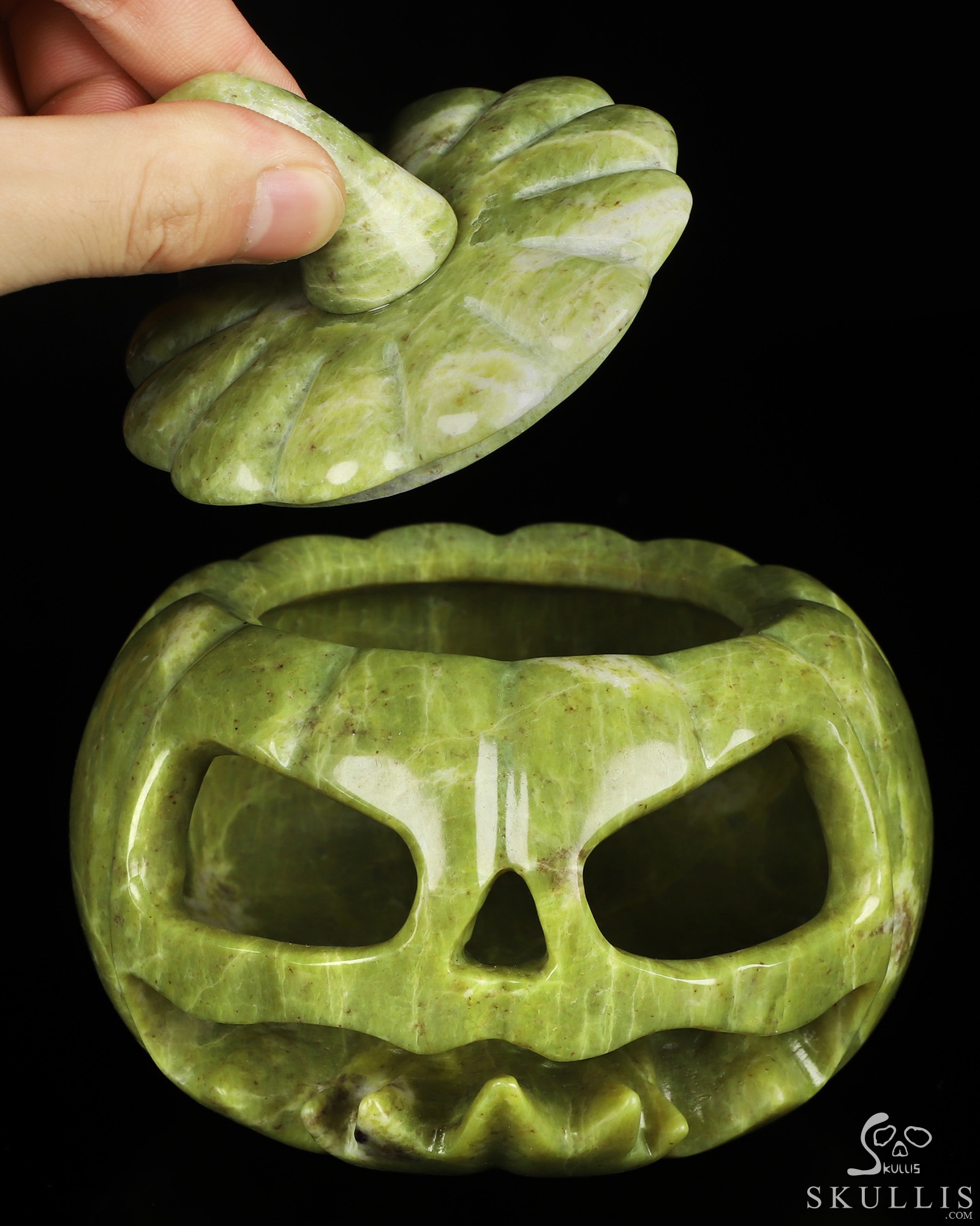 5.0" Lemon Stone Hand Carved Hollow Jack-O'-Lantern Pumpkin Crystal Skull Sculpture, Crystal Healing 5.0" Lemon Stone Hand Carved Hollow Jack-O'-Lantern Pumpkin Crystal Skull Sculpture, Crystal Healing