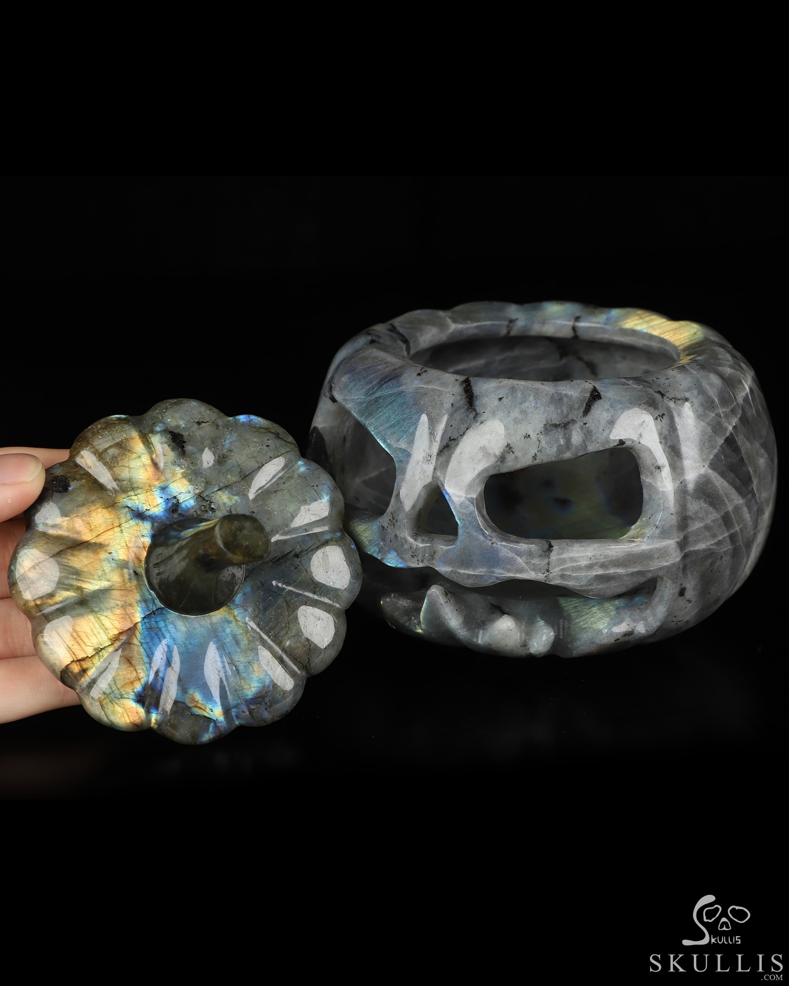 5.0" Labradorite Hand Carved Hollow Jack-O'-Lantern Pumpkin Crystal Skull Sculpture, Crystal Healing 5.0" Labradorite Hand Carved Hollow Jack-O'-Lantern Pumpkin Crystal Skull Sculpture, Crystal Healing