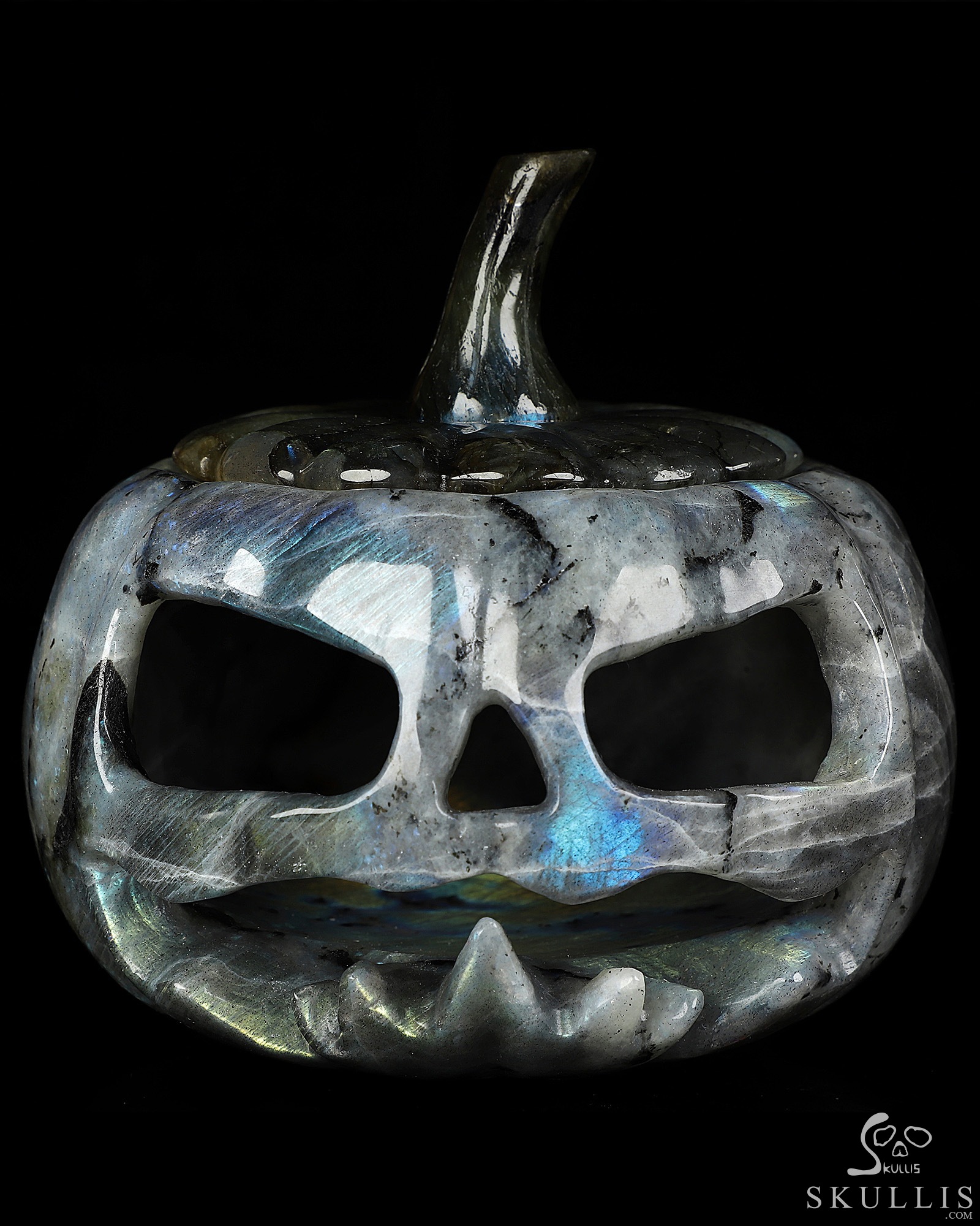 5.0" Labradorite Hand Carved Hollow Jack-O'-Lantern Pumpkin Crystal Skull Sculpture, Crystal Healing 5.0" Labradorite Hand Carved Hollow Jack-O'-Lantern Pumpkin Crystal Skull Sculpture, Crystal Healing
