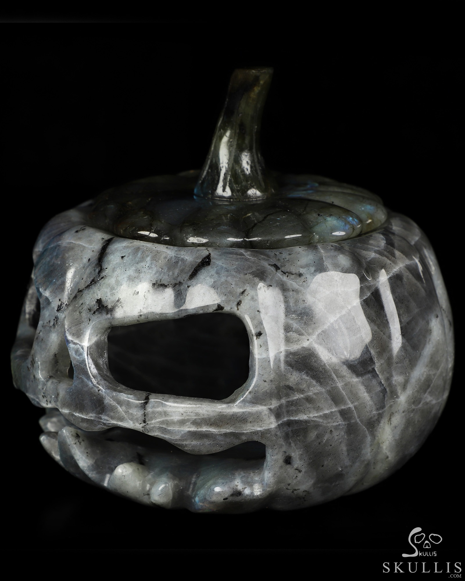 5.0" Labradorite Hand Carved Hollow Jack-O'-Lantern Pumpkin Crystal Skull Sculpture, Crystal Healing 5.0" Labradorite Hand Carved Hollow Jack-O'-Lantern Pumpkin Crystal Skull Sculpture, Crystal Healing