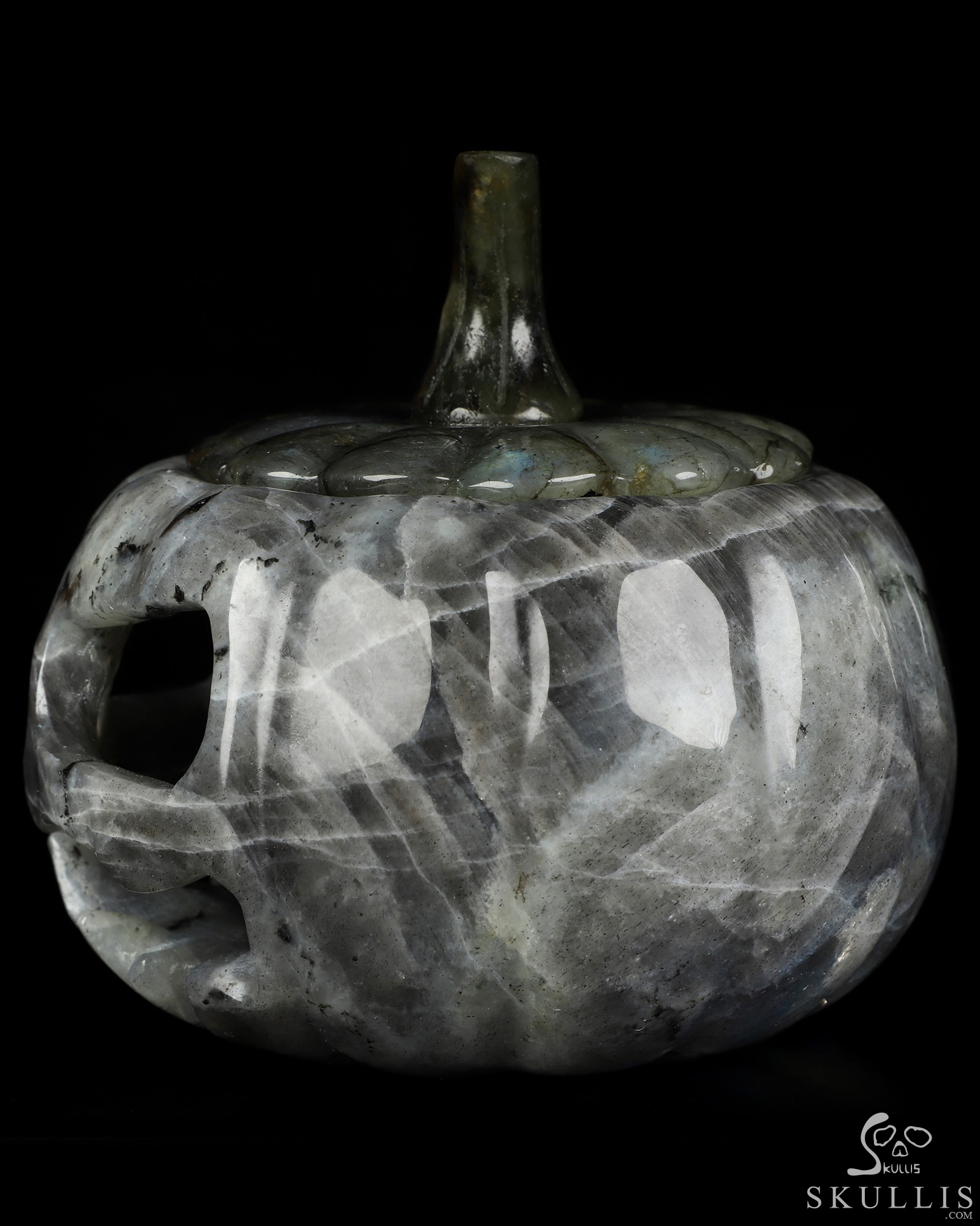 5.0" Labradorite Hand Carved Hollow Jack-O'-Lantern Pumpkin Crystal Skull Sculpture, Crystal Healing 5.0" Labradorite Hand Carved Hollow Jack-O'-Lantern Pumpkin Crystal Skull Sculpture, Crystal Healing