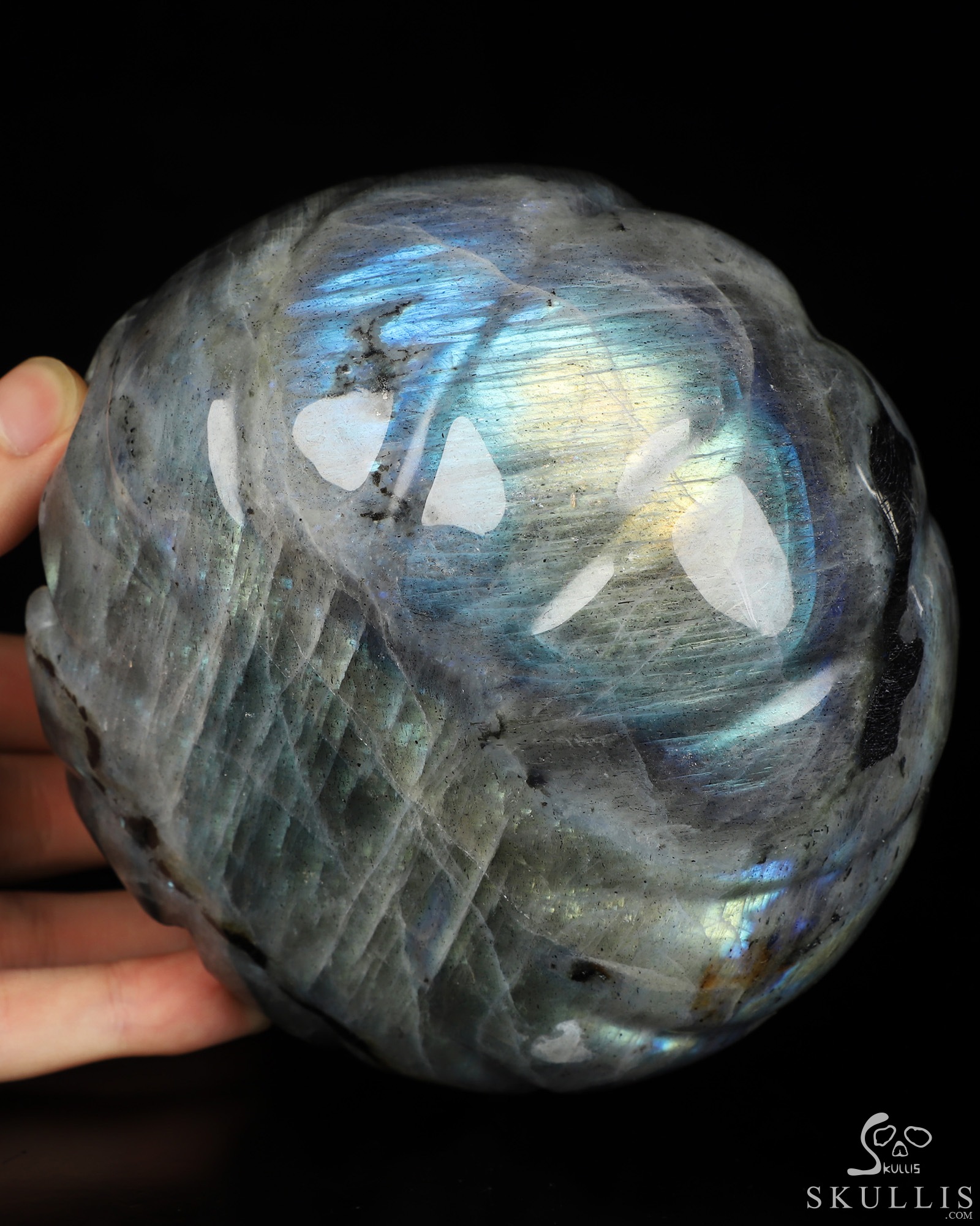 5.0" Labradorite Hand Carved Hollow Jack-O'-Lantern Pumpkin Crystal Skull Sculpture, Crystal Healing 5.0" Labradorite Hand Carved Hollow Jack-O'-Lantern Pumpkin Crystal Skull Sculpture, Crystal Healing