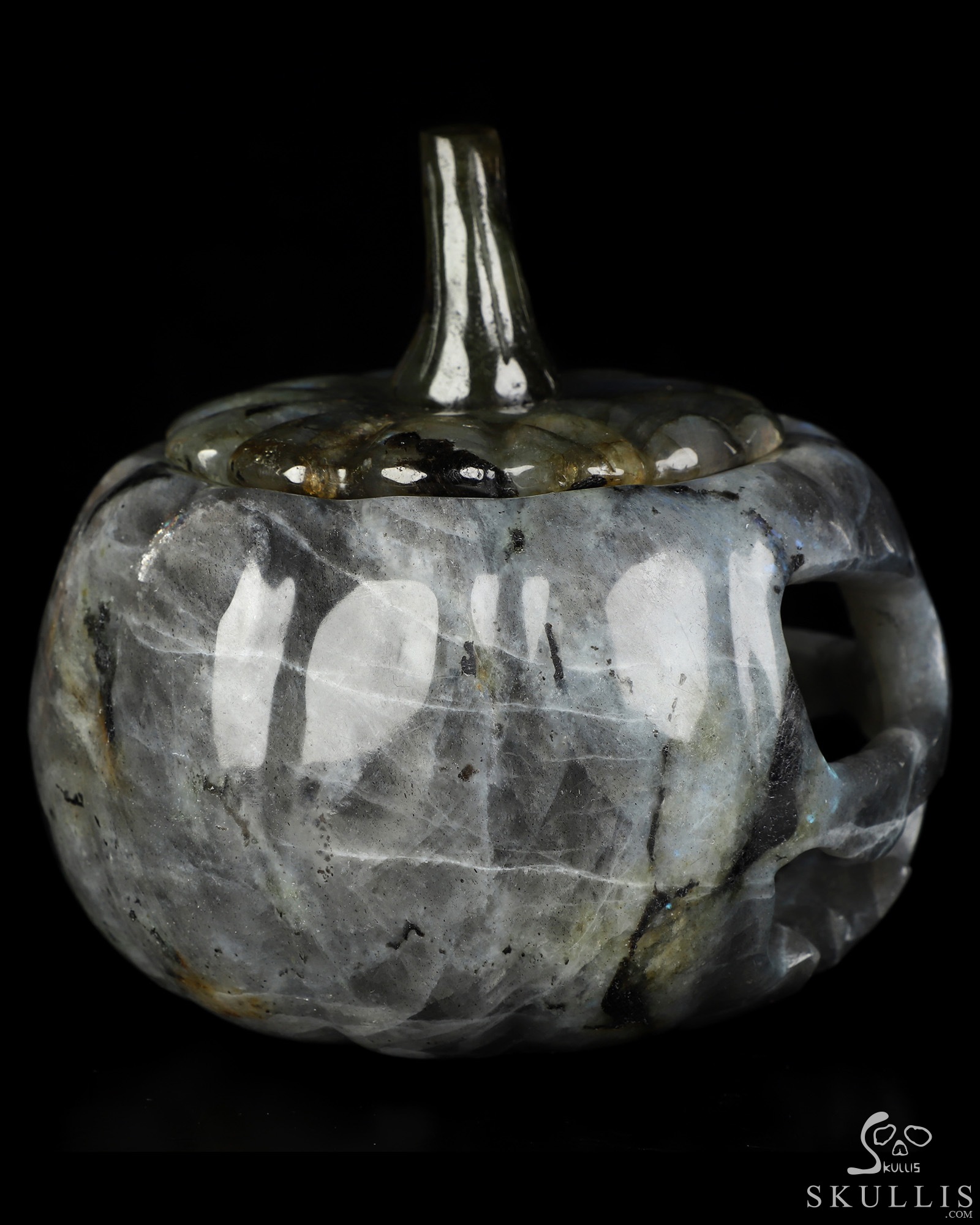 5.0" Labradorite Hand Carved Hollow Jack-O'-Lantern Pumpkin Crystal Skull Sculpture, Crystal Healing 5.0" Labradorite Hand Carved Hollow Jack-O'-Lantern Pumpkin Crystal Skull Sculpture, Crystal Healing