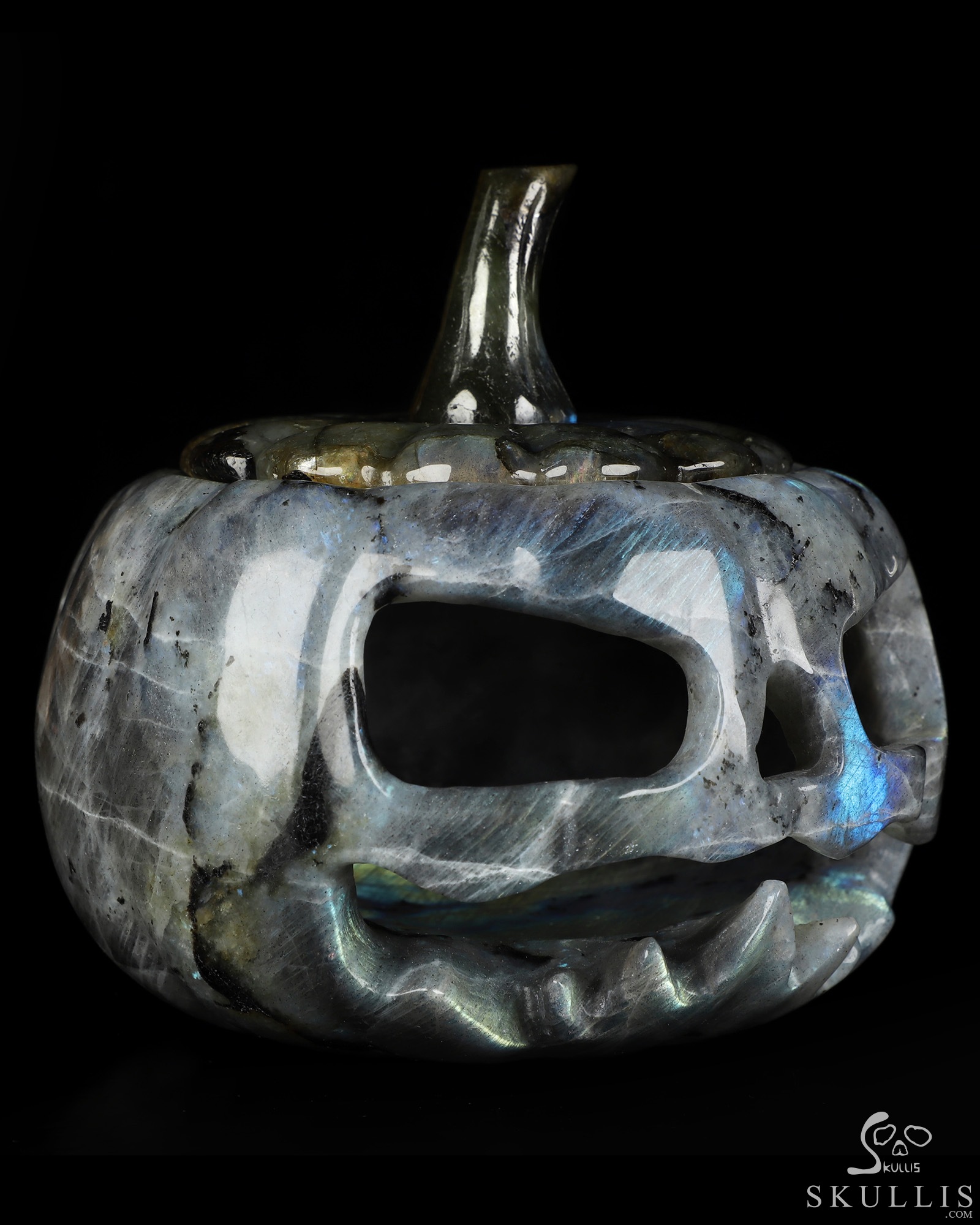 5.0" Labradorite Hand Carved Hollow Jack-O'-Lantern Pumpkin Crystal Skull Sculpture, Crystal Healing 5.0" Labradorite Hand Carved Hollow Jack-O'-Lantern Pumpkin Crystal Skull Sculpture, Crystal Healing
