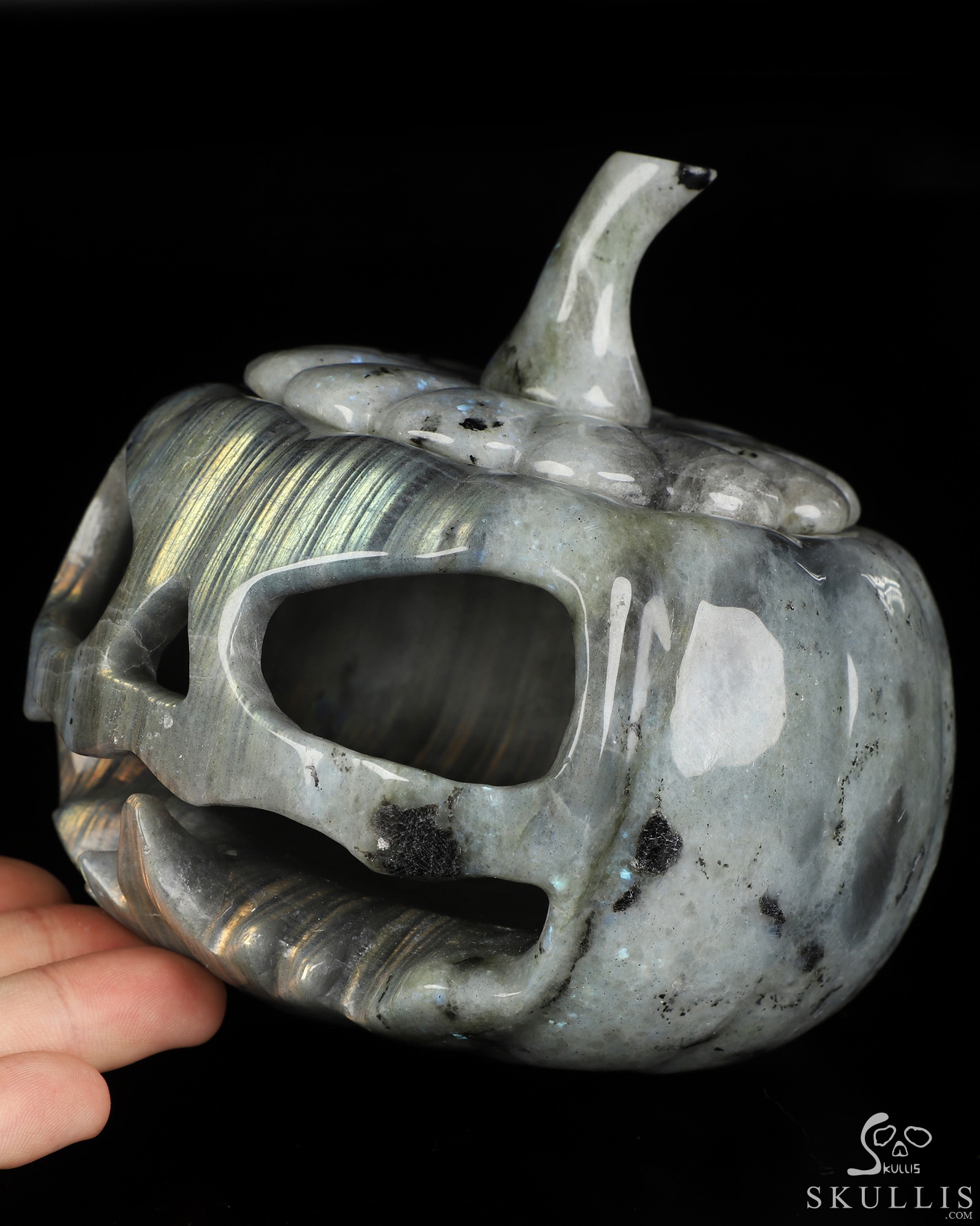 5.0" Labradorite Hand Carved Hollow Jack-O'-Lantern Pumpkin Crystal Skull Sculpture, Crystal Healing 5.0" Labradorite Hand Carved Hollow Jack-O'-Lantern Pumpkin Crystal Skull Sculpture, Crystal Healing
