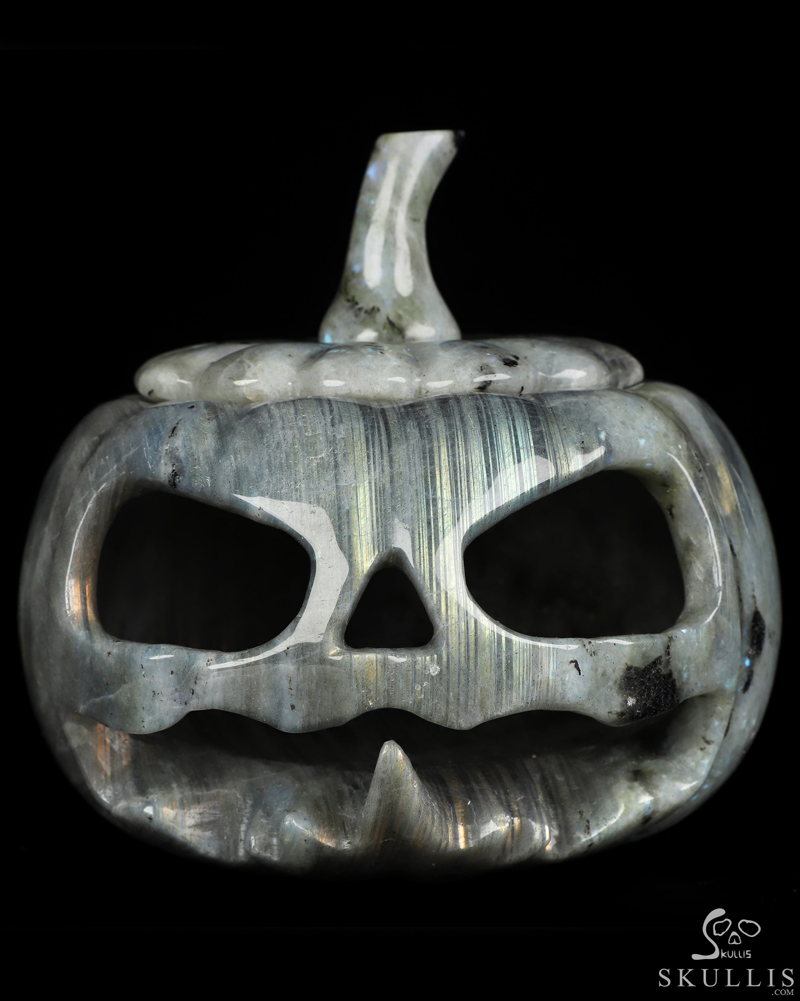 5.0" Labradorite Hand Carved Hollow Jack-O'-Lantern Pumpkin Crystal Skull Sculpture, Crystal Healing 5.0" Labradorite Hand Carved Hollow Jack-O'-Lantern Pumpkin Crystal Skull Sculpture, Crystal Healing