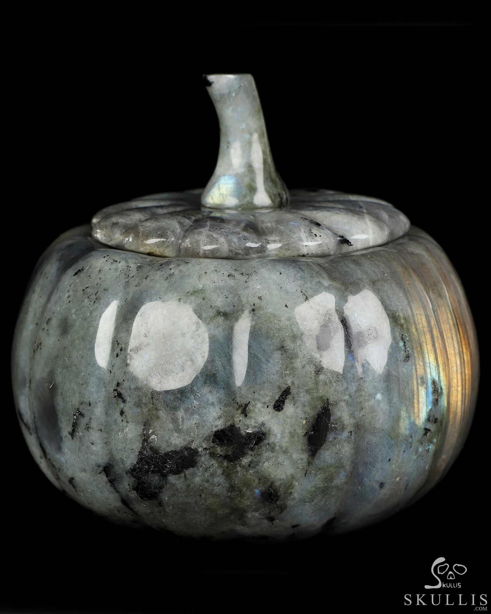 5.0" Labradorite Hand Carved Hollow Jack-O'-Lantern Pumpkin Crystal Skull Sculpture, Crystal Healing 5.0" Labradorite Hand Carved Hollow Jack-O'-Lantern Pumpkin Crystal Skull Sculpture, Crystal Healing