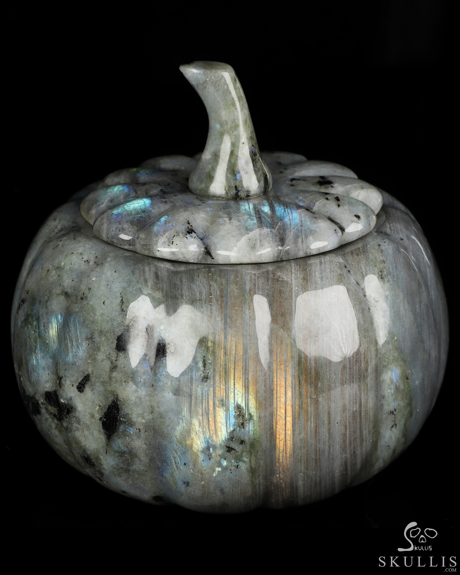 5.0" Labradorite Hand Carved Hollow Jack-O'-Lantern Pumpkin Crystal Skull Sculpture, Crystal Healing 5.0" Labradorite Hand Carved Hollow Jack-O'-Lantern Pumpkin Crystal Skull Sculpture, Crystal Healing