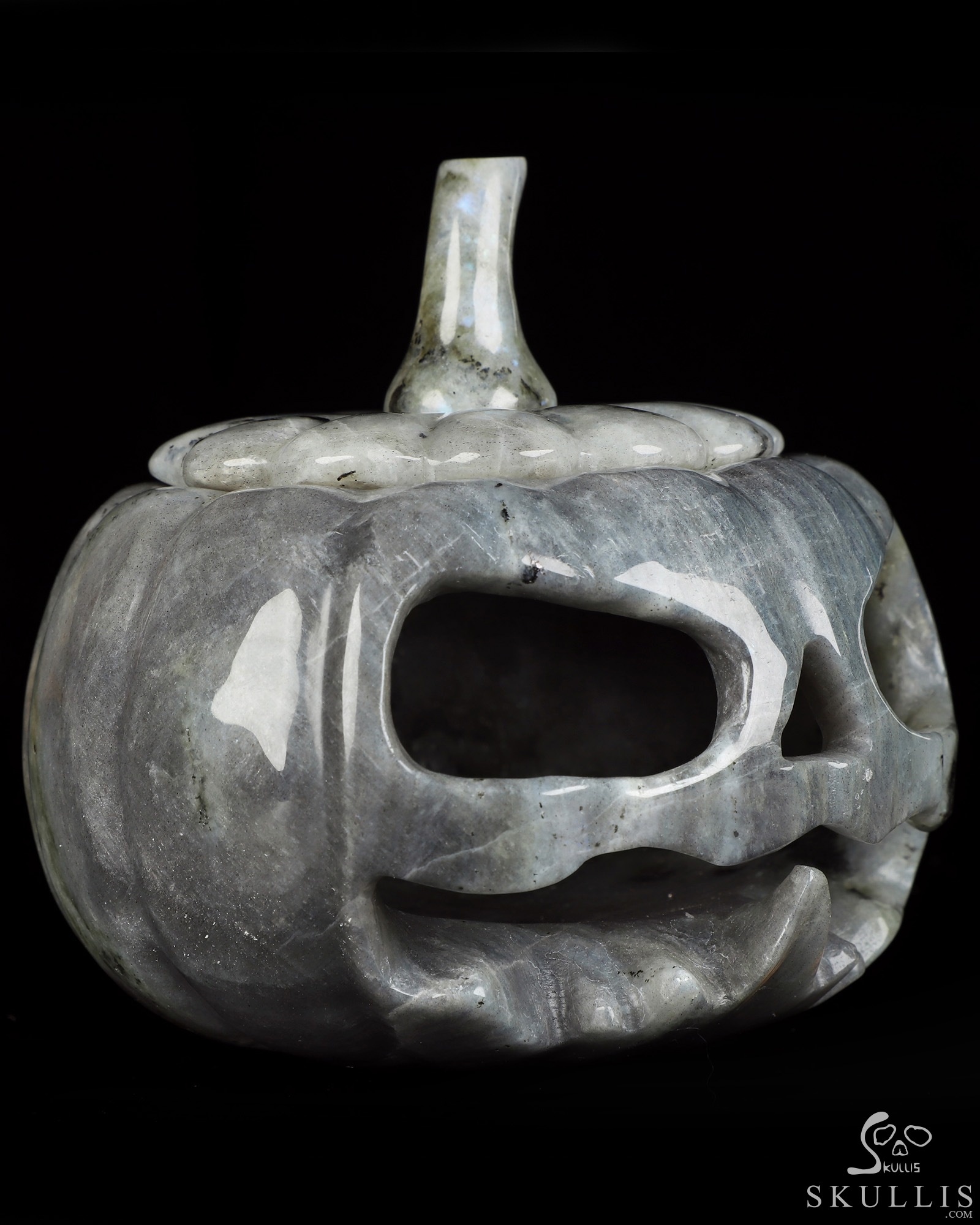 5.0" Labradorite Hand Carved Hollow Jack-O'-Lantern Pumpkin Crystal Skull Sculpture, Crystal Healing 5.0" Labradorite Hand Carved Hollow Jack-O'-Lantern Pumpkin Crystal Skull Sculpture, Crystal Healing