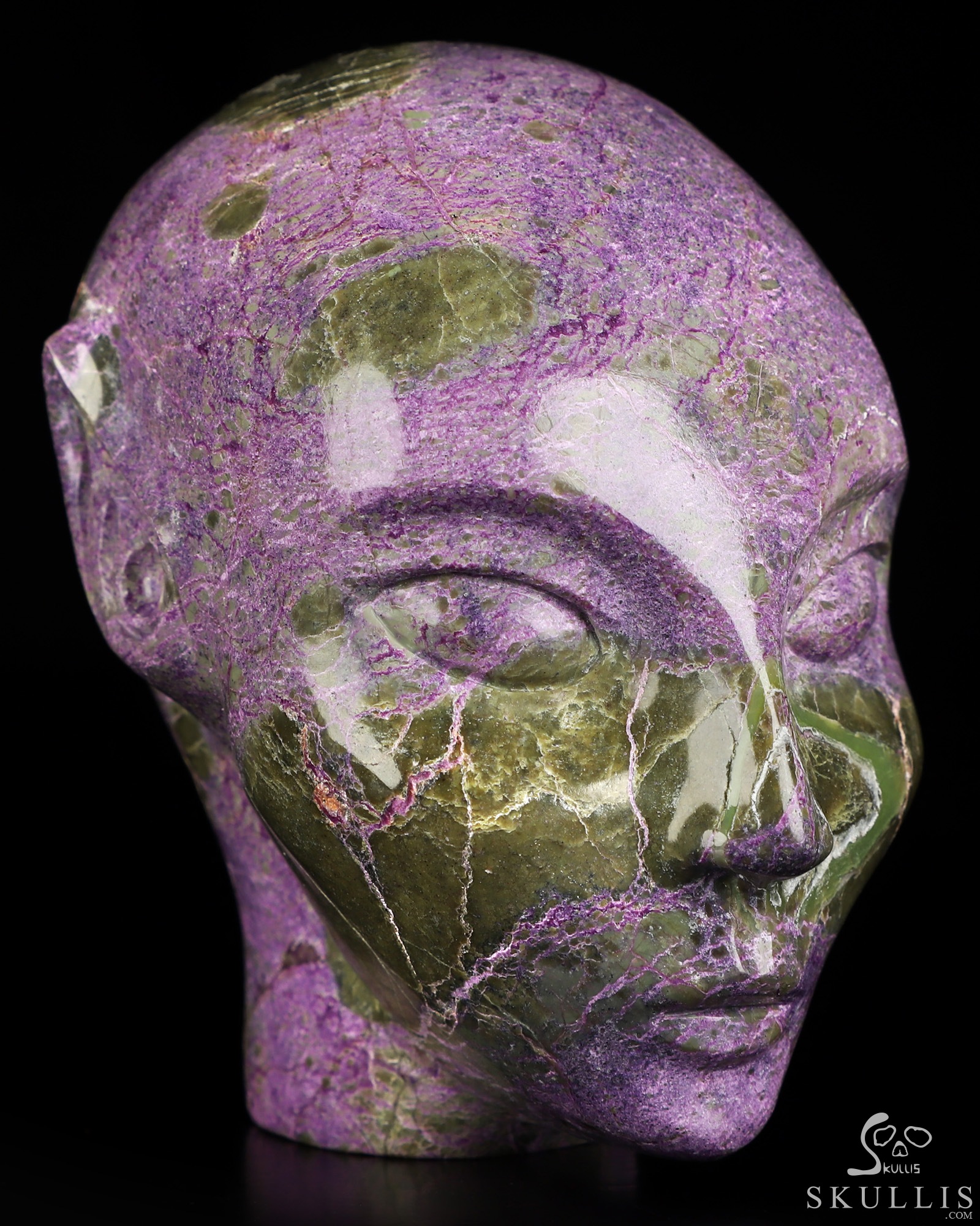 4.1" Stichtite and Serpentine Hand Carved Fairy Elf Alien Crystal Skull Companion Sculpture, Crystal Healing 4.1" Stichtite and Serpentine Hand Carved Fairy Elf Alien Crystal Skull Companion Sculpture, Crystal Healing