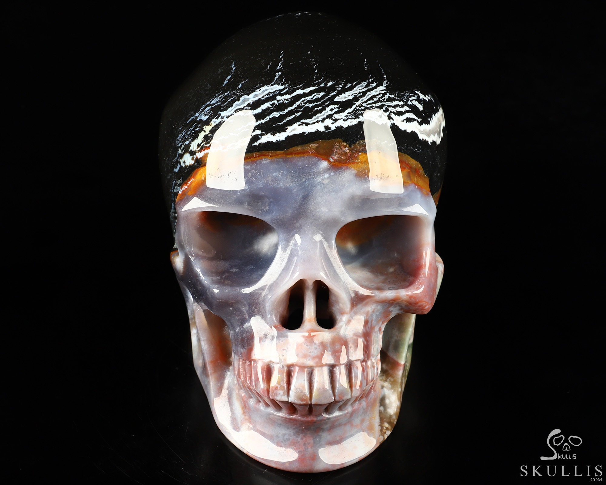 Lifesized 6.3" Black Zebra Agate Hand Carved Crystal Skull, Super Realistic, Crystal Healing Lifesized 6.3" Black Zebra Agate Hand Carved Crystal Skull, Super Realistic, Crystal Healing