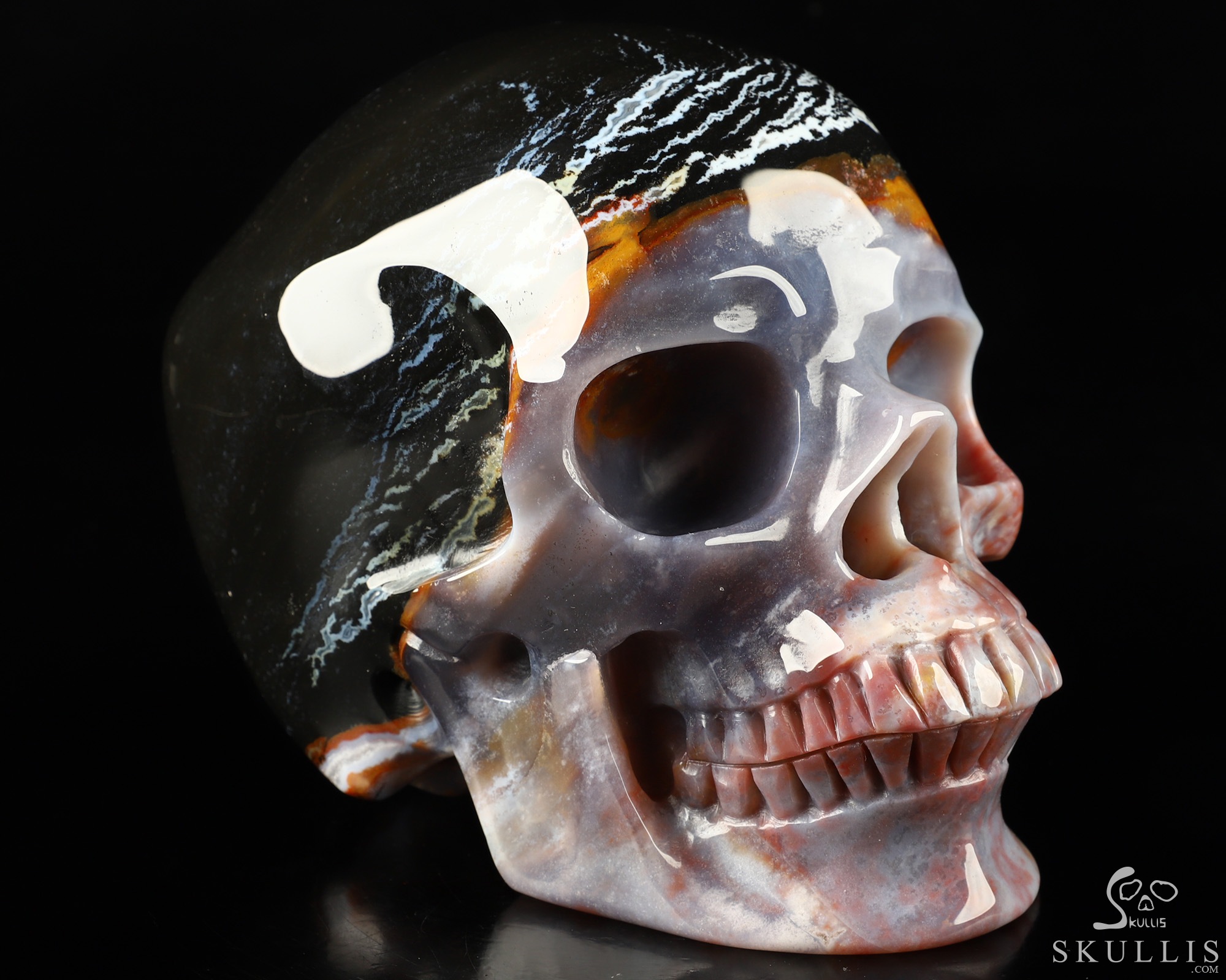 Lifesized 6.3" Black Zebra Agate Hand Carved Crystal Skull, Super Realistic, Crystal Healing Lifesized 6.3" Black Zebra Agate Hand Carved Crystal Skull, Super Realistic, Crystal Healing