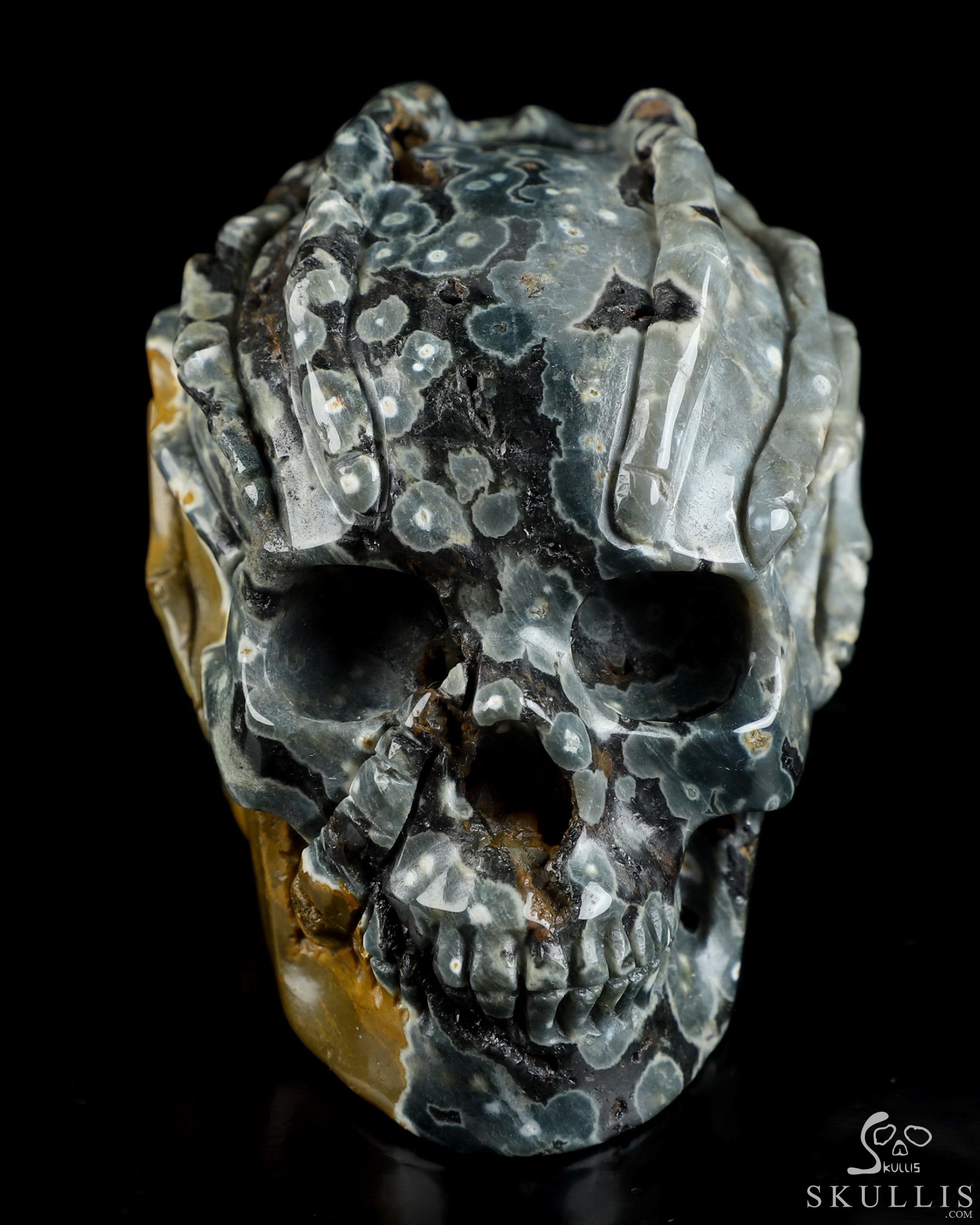 3.9" Ocean Jasper Hand Carved Crystal Skull and Facehugger Sculpture, Crystal Healing 3.9" Ocean Jasper Hand Carved Crystal Skull and Facehugger Sculpture, Crystal Healing