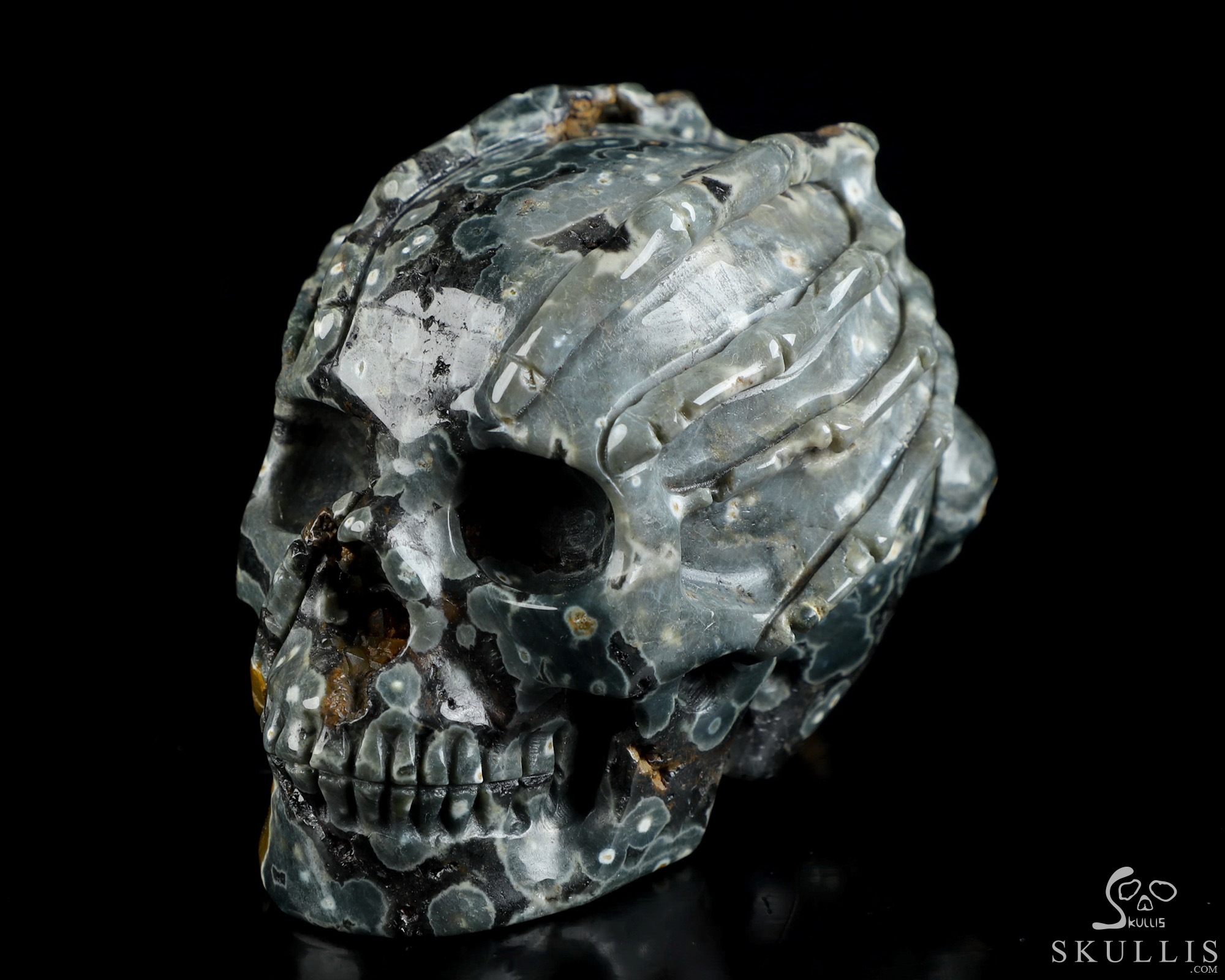 3.9" Ocean Jasper Hand Carved Crystal Skull and Facehugger Sculpture, Crystal Healing 3.9" Ocean Jasper Hand Carved Crystal Skull and Facehugger Sculpture, Crystal Healing