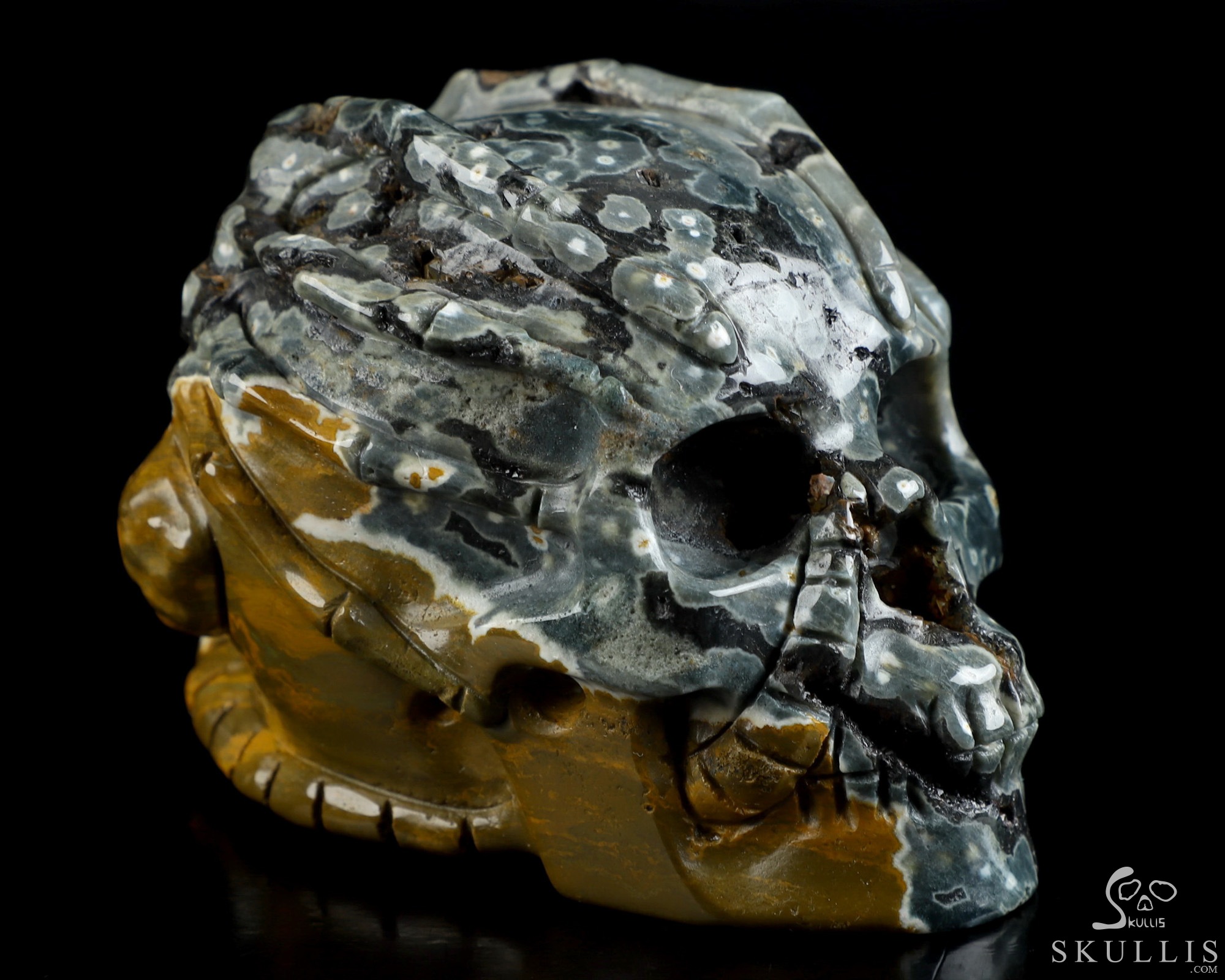 3.9" Ocean Jasper Hand Carved Crystal Skull and Facehugger Sculpture, Crystal Healing 3.9" Ocean Jasper Hand Carved Crystal Skull and Facehugger Sculpture, Crystal Healing