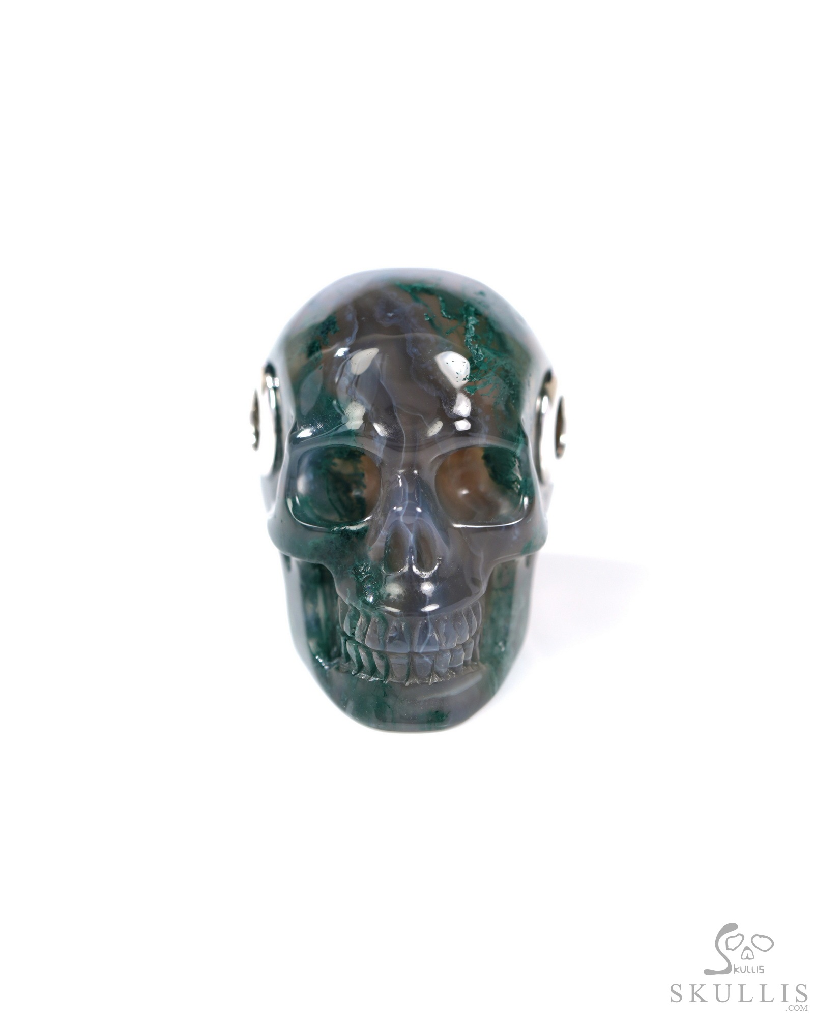 Necklace of 1.1" Green Moss Agate Hand Carved Crystal Skull Pendant, Skull Jewelry Necklace of 1.1" Green Moss Agate Hand Carved Crystal Skull Pendant, Skull Jewelry
