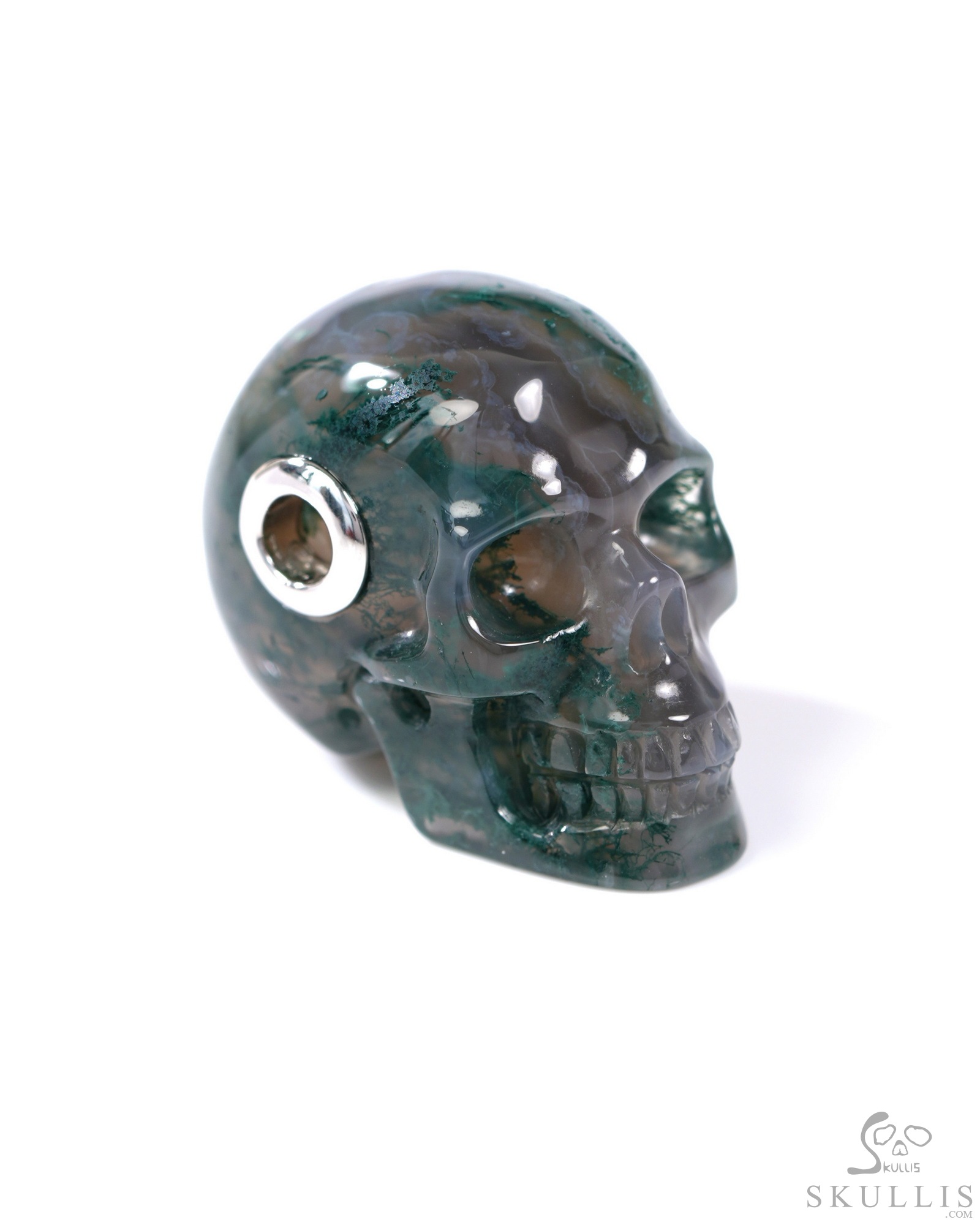 Necklace of 1.1" Green Moss Agate Hand Carved Crystal Skull Pendant, Skull Jewelry Necklace of 1.1" Green Moss Agate Hand Carved Crystal Skull Pendant, Skull Jewelry
