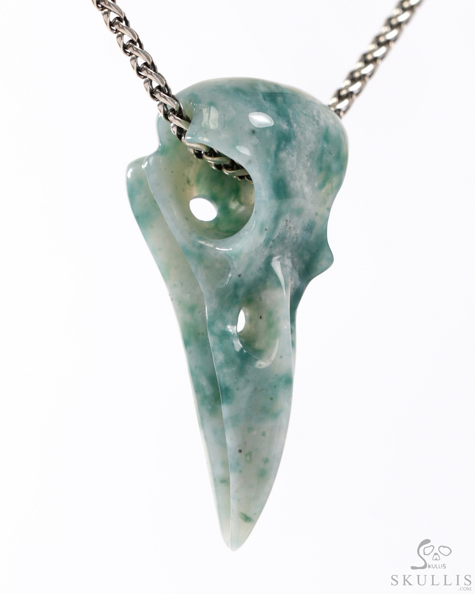 Necklace of 2.2" Green Moss Agate Hand Carved Crystal Skull Pendant, Skull Jewelry Necklace of 2.2" Green Moss Agate Hand Carved Crystal Skull Pendant, Skull Jewelry