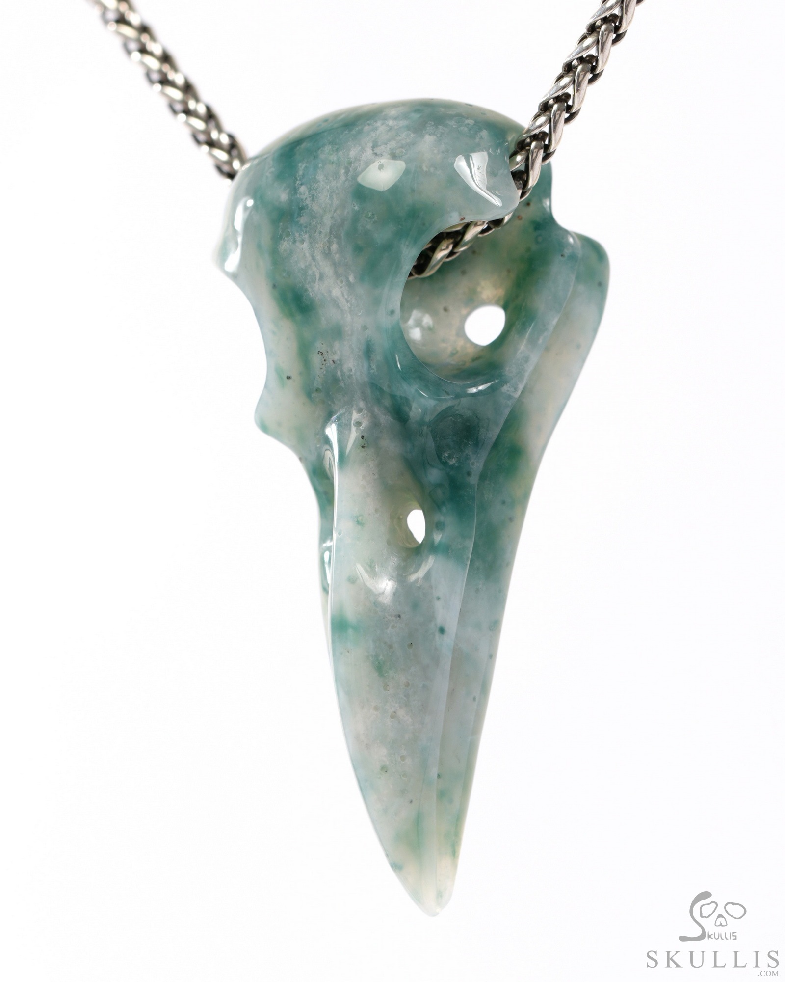 Necklace of 2.2" Green Moss Agate Hand Carved Crystal Skull Pendant, Skull Jewelry Necklace of 2.2" Green Moss Agate Hand Carved Crystal Skull Pendant, Skull Jewelry