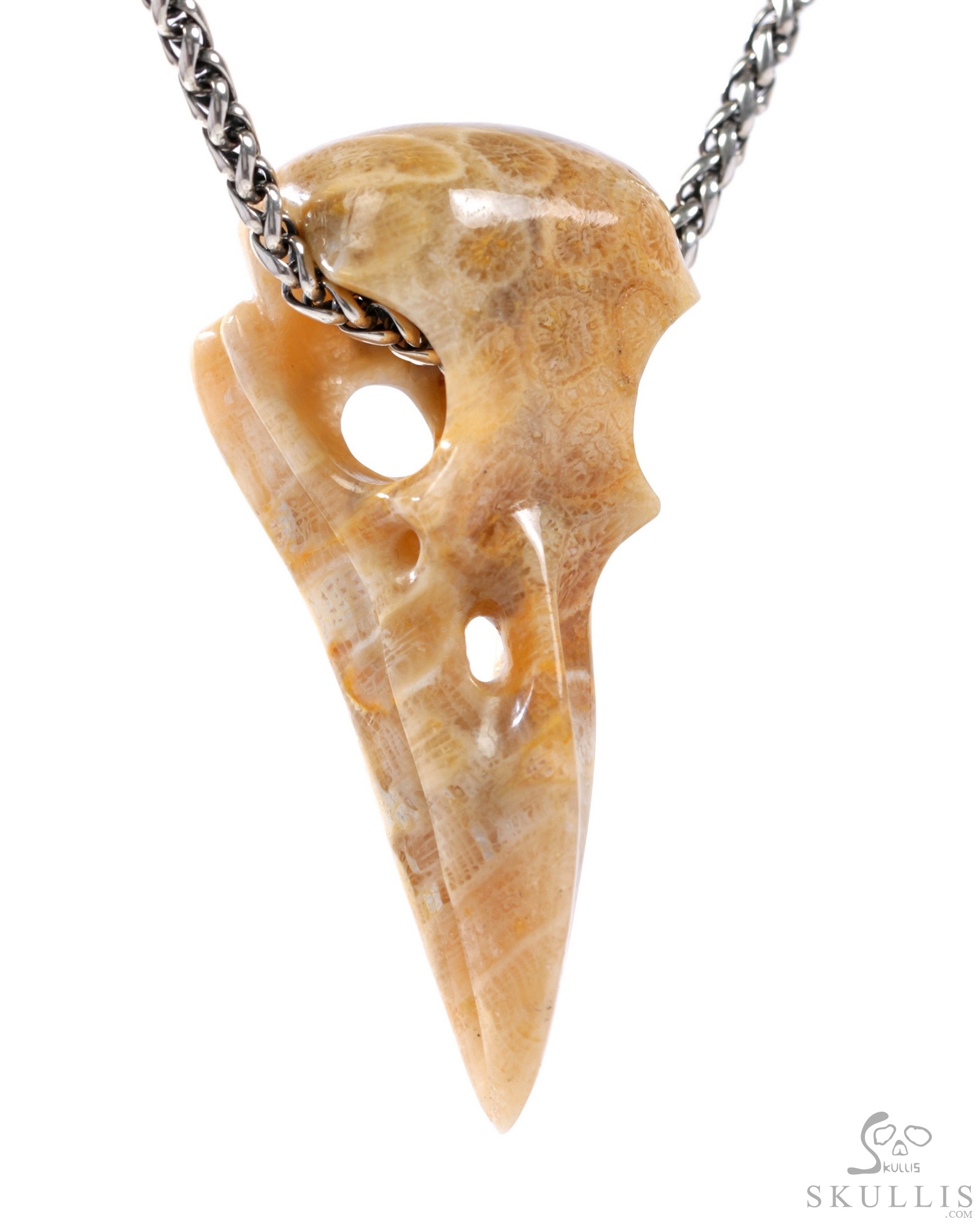 Gem Raven Skull Pendant Necklace of Coral Fossil Crystal Raven Pendant Gem Raven Skull Pendant Necklace of Coral Fossil Crystal Raven Pendant