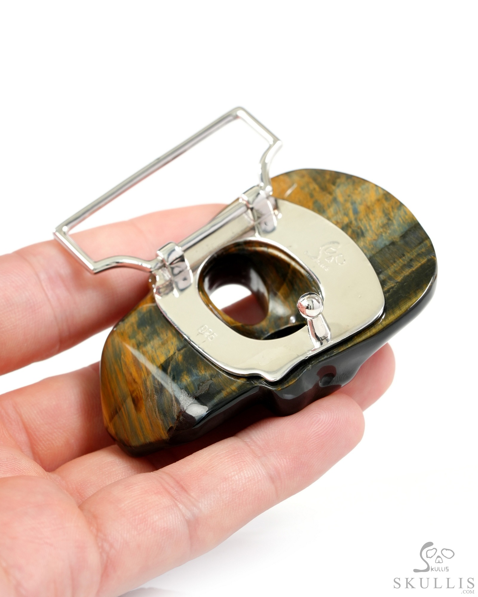 Gemstone Blue & Gold Tiger's Eye Hand Carved Crystal Skull Buckle in 925 Sterling Silver, Skull Jewelry Gemstone Blue & Gold Tiger's Eye Hand Carved Crystal Skull Buckle in 925 Sterling Silver, Skull Jewelry